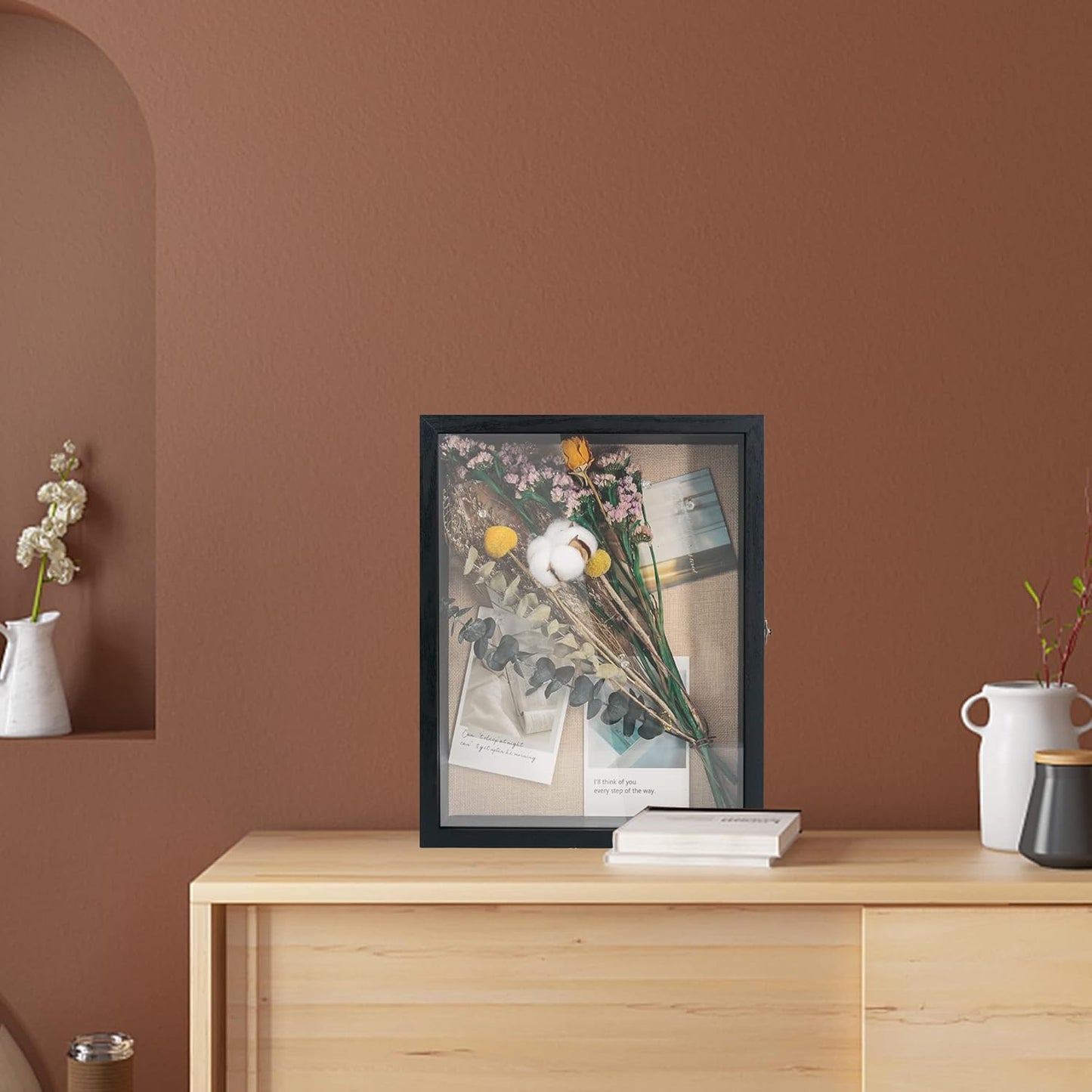 GraduatePro Shadow Box Frame 11x14 Display Case with Linen Back, Real Glass Window Door with Hinge, Picture Frame Wedding Bouquet Memorabilia Medals Photos Memory Box for Keepsakes, Rustic Black