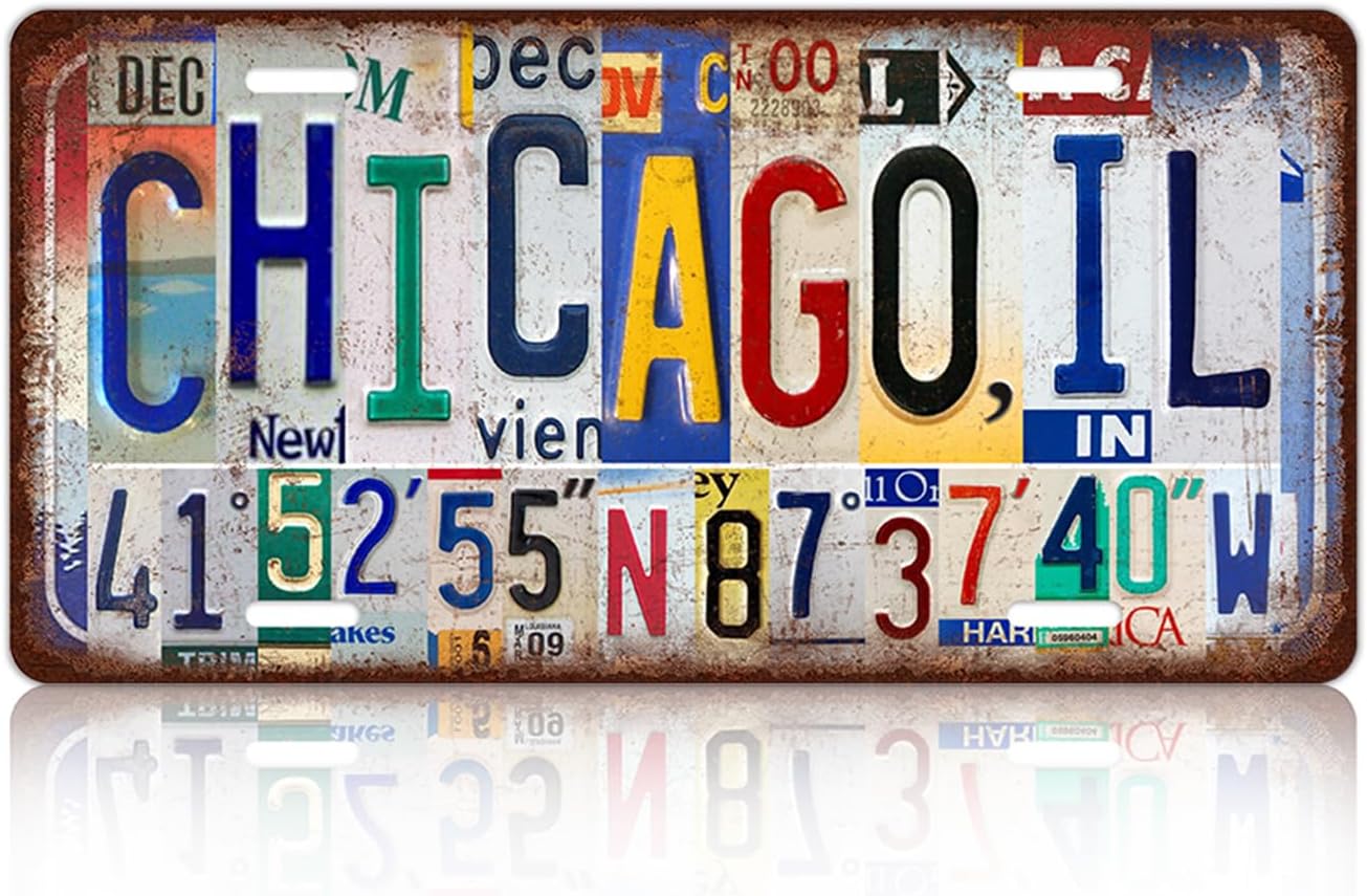 Vintage City License Plate Chicago,Il Wall Decor Metal Tin Sign for Bar Home Bedroom 12 x 6 Inches （Including latitude and longitude）