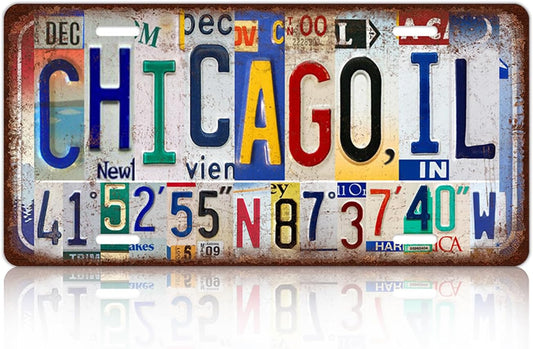 Vintage City License Plate Chicago,Il Wall Decor Metal Tin Sign for Bar Home Bedroom 12 x 6 Inches （Including latitude and longitude）