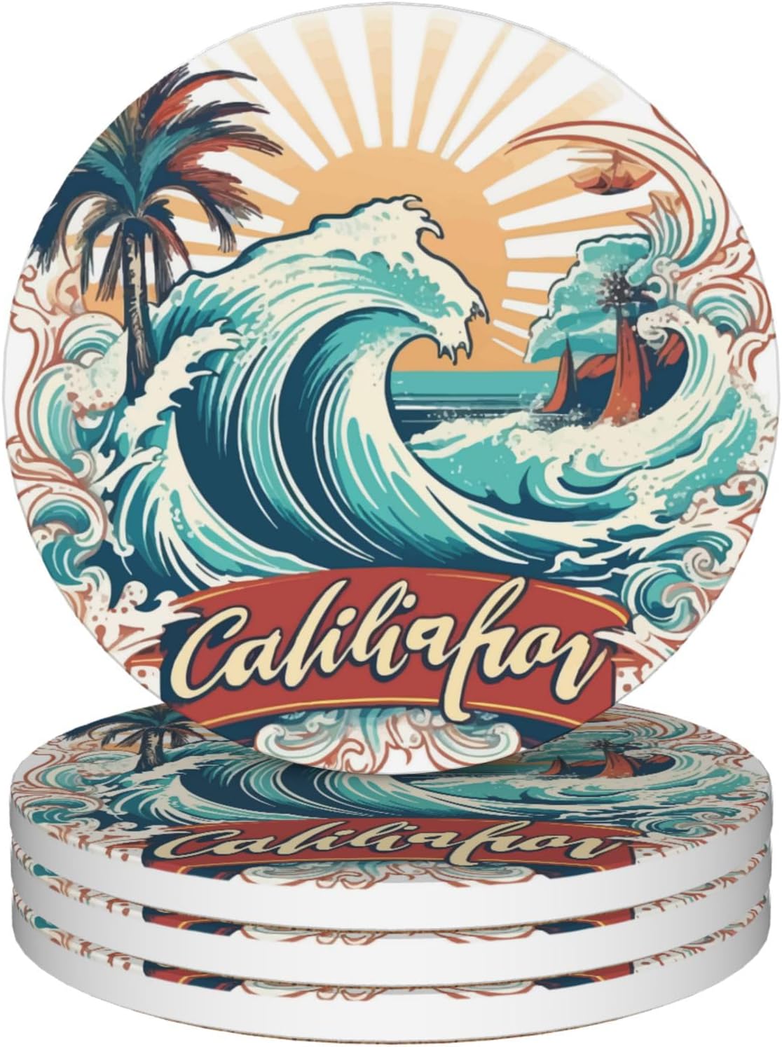 Drinks Coasters Set of 4, California Beach Round 4" Cup Coasters, Absorbent Ceramic Stone Coasters with Cork Base, Cute Coasters for Table Home Décor, Ideal Gifts for Women Men