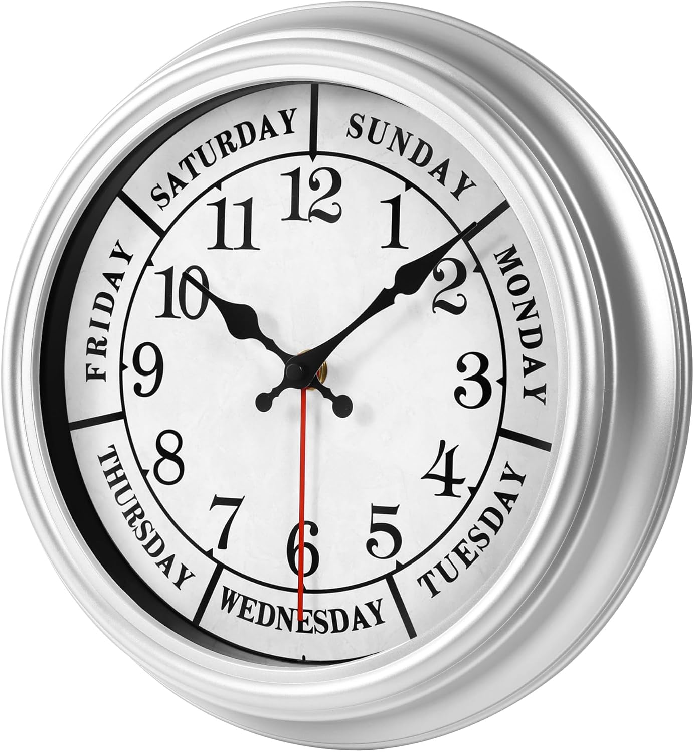 JENLYSTIME 12 Inch Retro Wall Clock,Classic Day of The Week Wall Clock,Silent Non Ticking Battery Operated Movement(Silver)