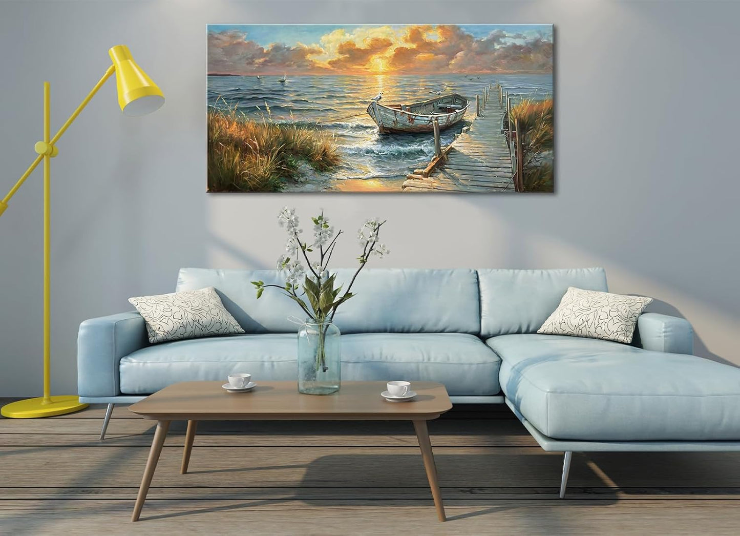 dgbtcart Ocean Sailboat Large Wall Art, Sunset Beach Painting Art Prints, Coastal Landscape Artwork for Walls, Seaside Pictures Wall Decor Living Room Bedroom Office Hotel Ready to Hang 24x48inch