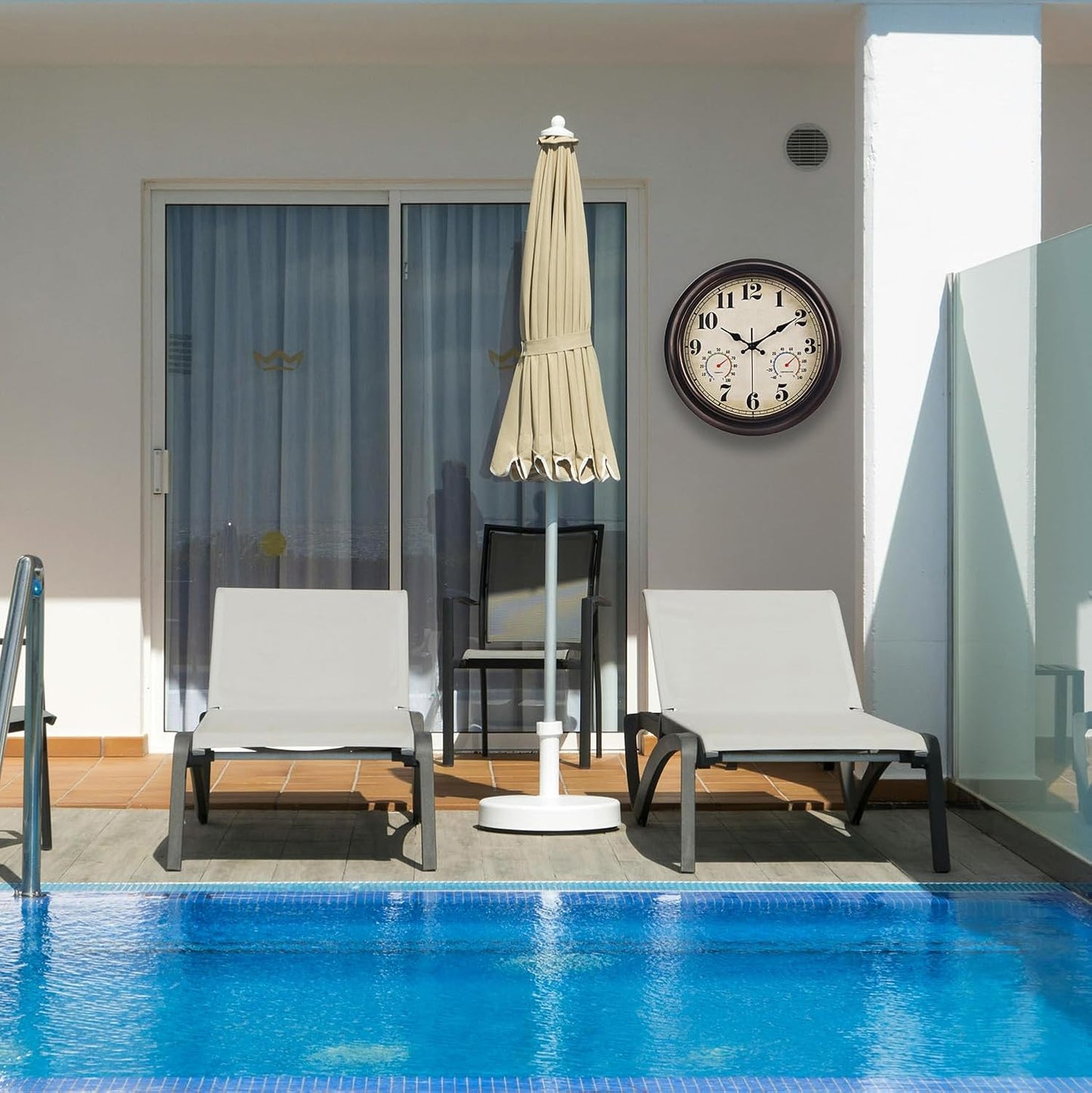 JENLYSTIME 13 Inch Dark Brown Vintage Waterproof Indoor/Outdoor Wall Clock with Thermometer & Hygrometer Large Silent Numerals & Accurate Timekeeping for Living Room, Porch&Garden&Pool