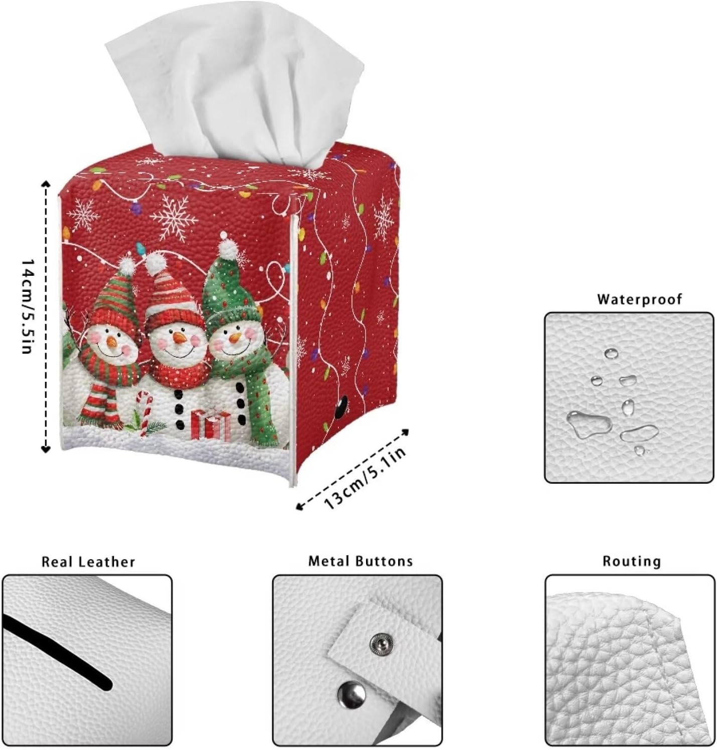 Christmas Tissue Box Cover Square Snowman Decorative Tissue Box Cover Holder Waterproof Soft PU Leather Tissue Holder Case Dispenser for Bathroom Cute Home Decor Easy to Carry 5x5x5 Inch