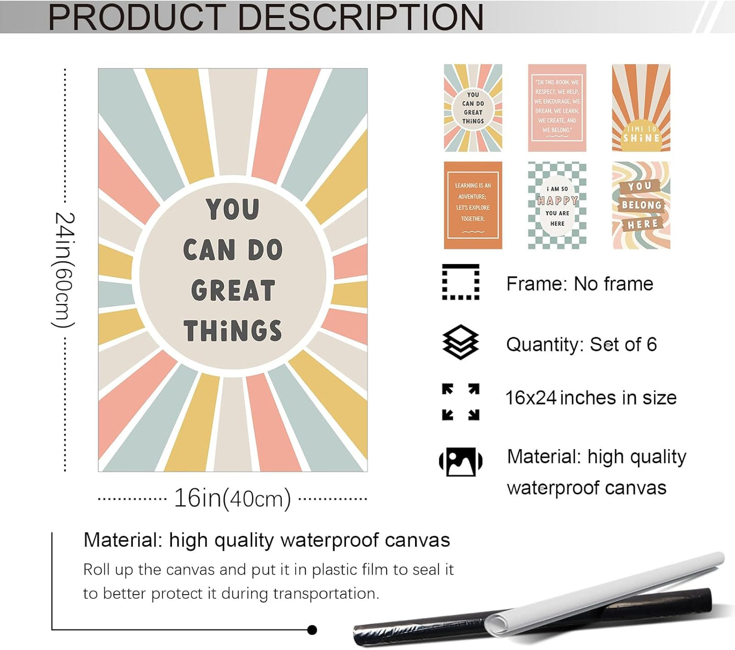 Set of 6 Boho Inspirational Classroom Posters, Positive Affirmations Growth Mindset Canvas Wall Art, Modern Classroom School Posters Wall Decor, Bulletin Board Educational Decor 16x24in Unframed