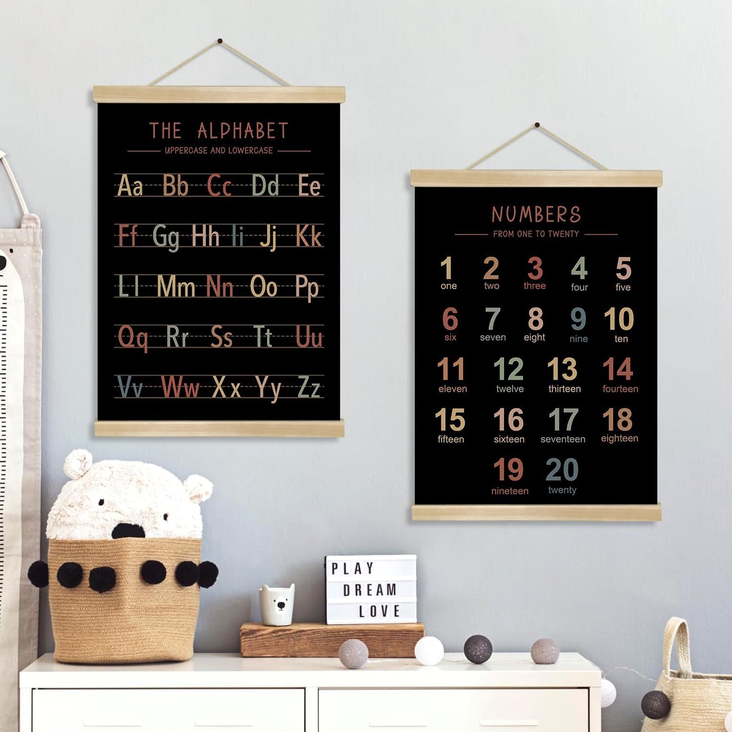 Alphabet and Numbers Wall Chart Set of 2 ,Kids Educational Posters,ABC and 1-20 Number Learning Banners for Toddlers, Preschool Classroom, Homeschool, Nursery, Playroom Decor 14 x 18.5 Inch (colorful)