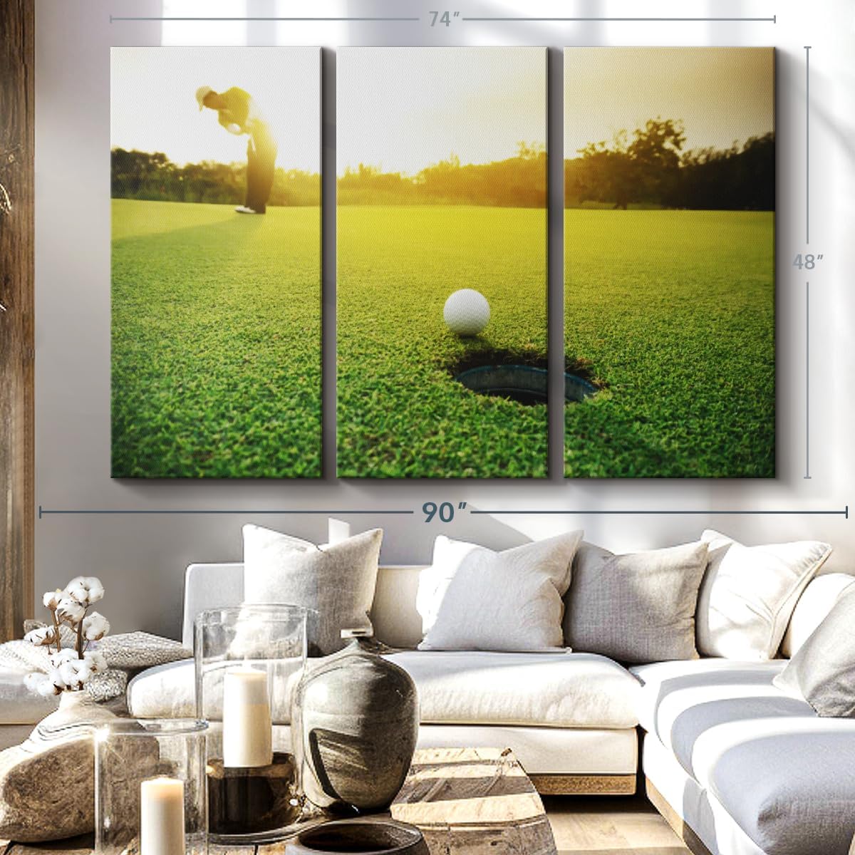 ElephantStock Golf Ball Strike Wall Art - Horizontal Canvas - 3-Piece Living Room Wall Decor - Photography Sports Canvas Print - Green and White Decor for Wall - 74" X 48"