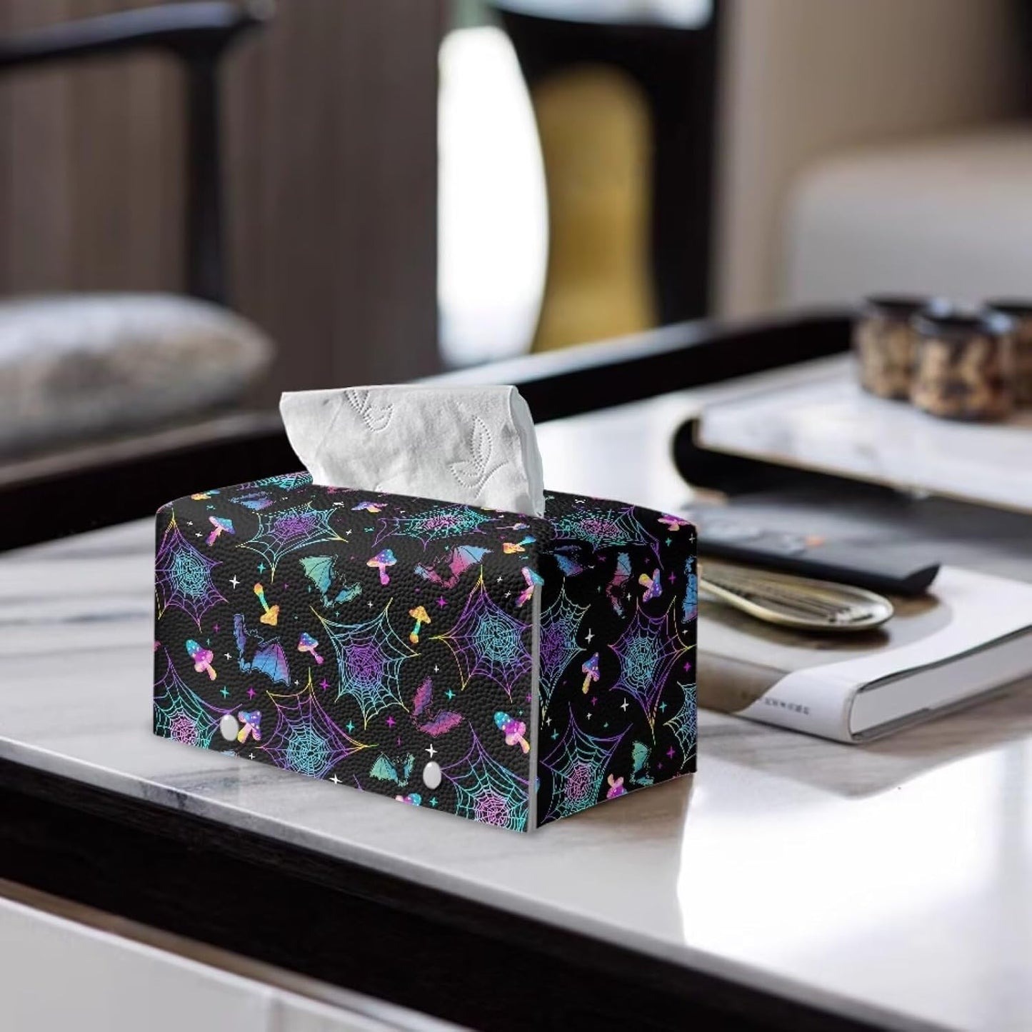 Halloween Bat Tissue Box Cover Rectangular Waterproof Tissue Box Case Organizer with Spider Web Print 9.7"x5.2"x5.12" PU Leather Napkin Dispenser Halloween Decor