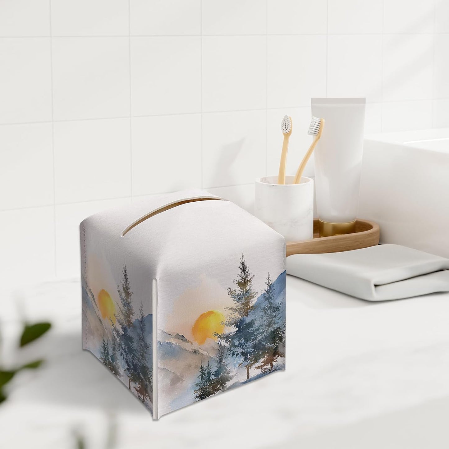 Winter Pine Tree Tissue Box Holder, Winter Forest Landscape Leather Tissue Box Cover Square with Bottom Belt, Paper Facial Decorative Tissues Cover for Bathroom Kitchen Office Home Decor-B24