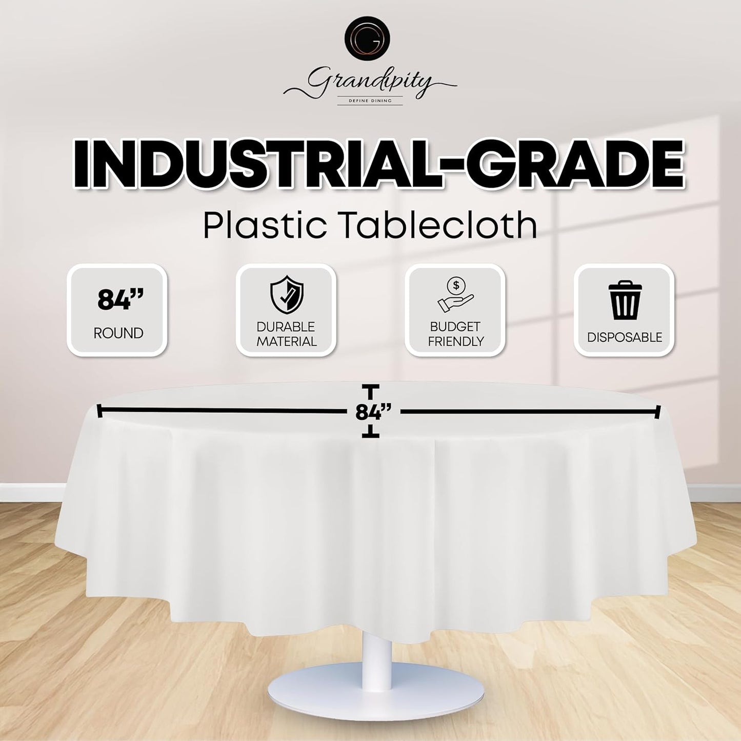 Grandipity Brand Round White Plastic 84" Disposable Tablecloth (12 Pack), Party & Event Decorative Cover