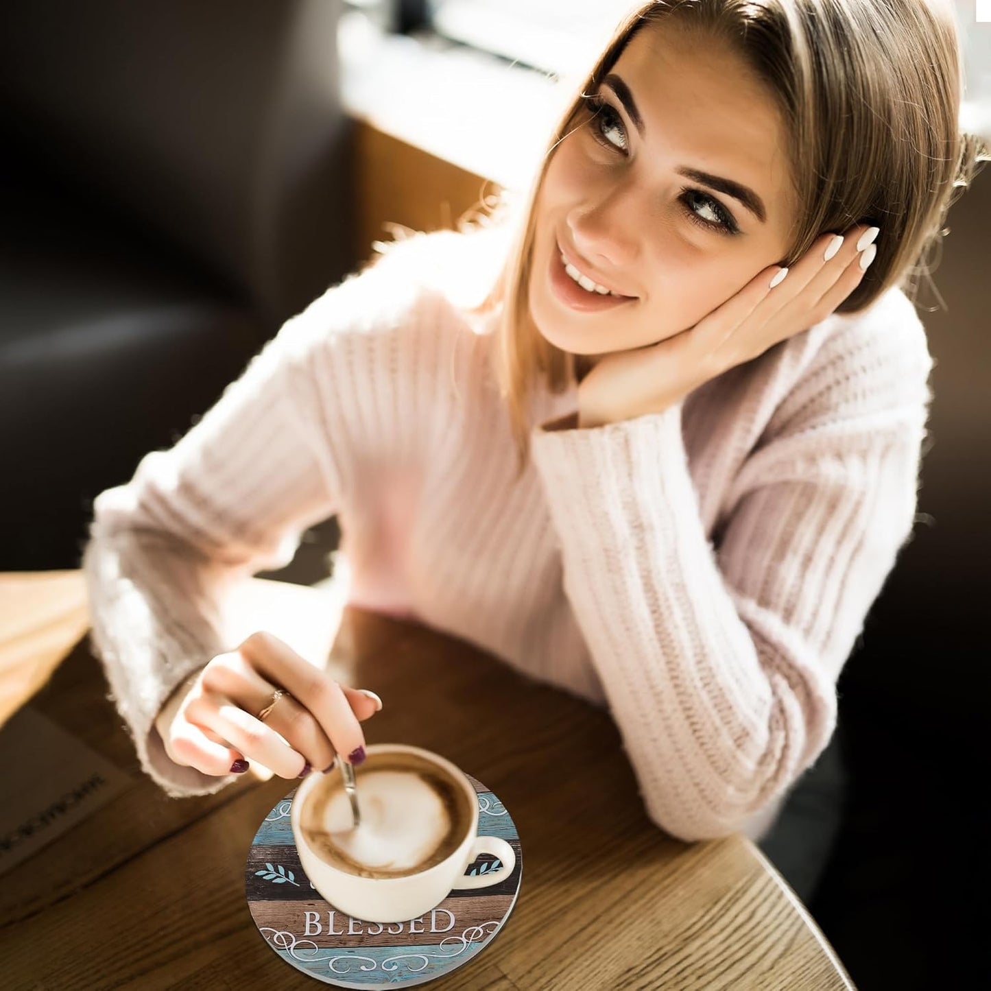 Coasters for Drinks,Set of 4 Absorbent Coasters,Thankful Grateful Blessed Ceramic Coasters with Cork Base,Cup Coaster for Coffee Table Protection,Gifts for Housewarming Birthday