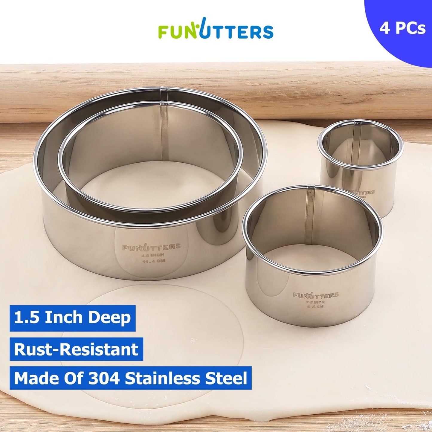 Cookie Cutter Set, 4 Pc. Kit, Measuring 1.5'', 2.5'', 3.5'', and 4.5'', Round Metal Baking Rings for Pastry, Biscuits, and Dough Cutting, Heavy Duty and Reusable, Multiple Sizes