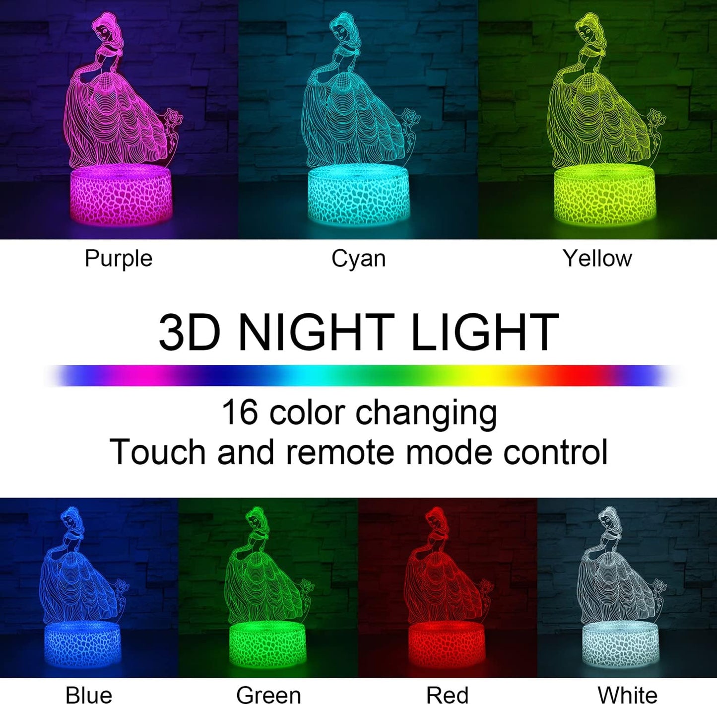 i-CHONY Princess Gift Night Light for Girls, 3D Illusion Lamp with Remote & Smart Touch, 16 Colors Dimmable Bedroom Decorations, Kids Teens Birthday Gift