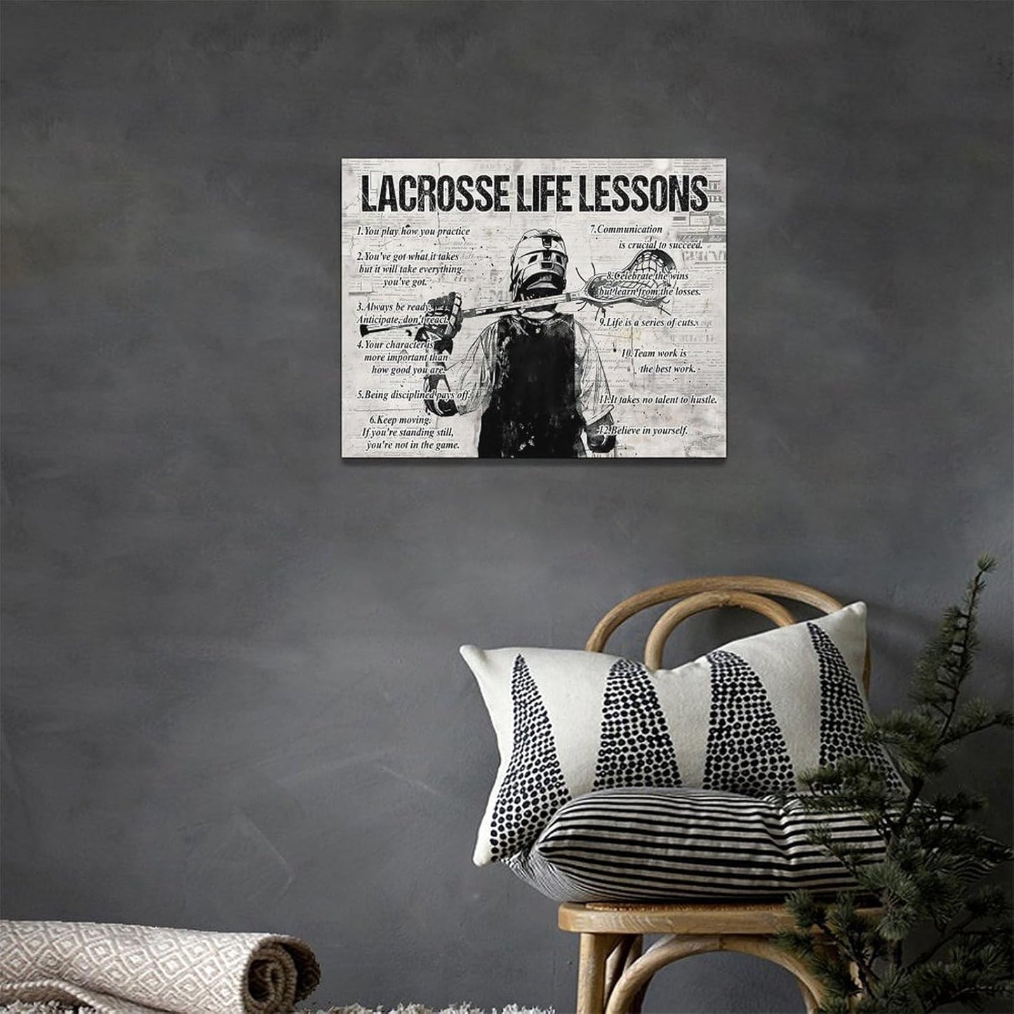 Lacrosse Sports Wall Art Life Lessons Sign Retro Poster for Boy Men Room Motivational Decorations Canvas Print Painting Artwork for Bedroom Bathroom Living Room 16"x12"