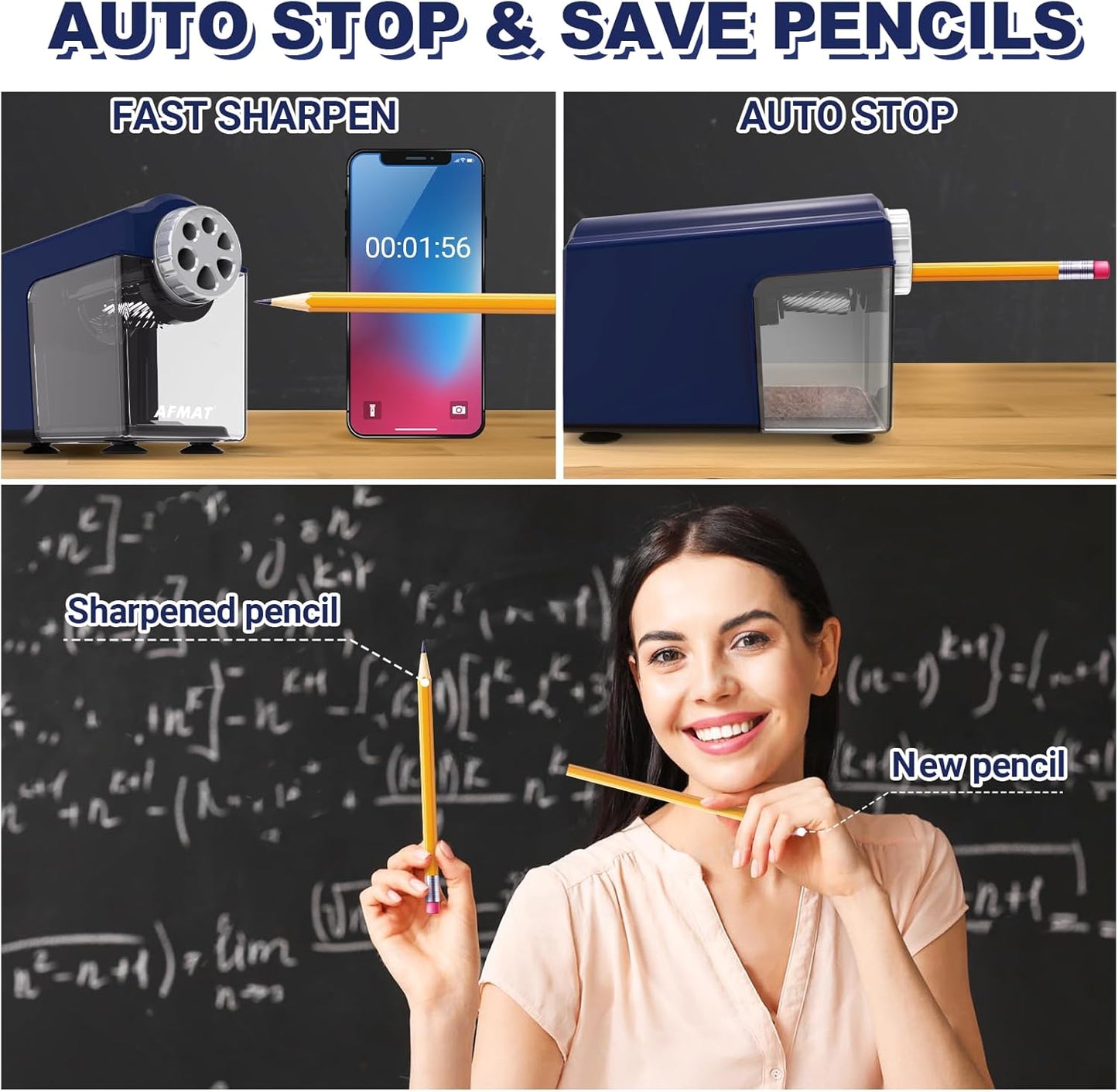 AFMAT PSX4 Electric Pencil Sharpener Heavy Duty, 6-Hole Classroom Pencil Sharpener for 6-11mm Pencils, Auto Stop Pencil Sharpeners Plug in, 10000 Sharpenings, Save Colored Pencils, Blue
