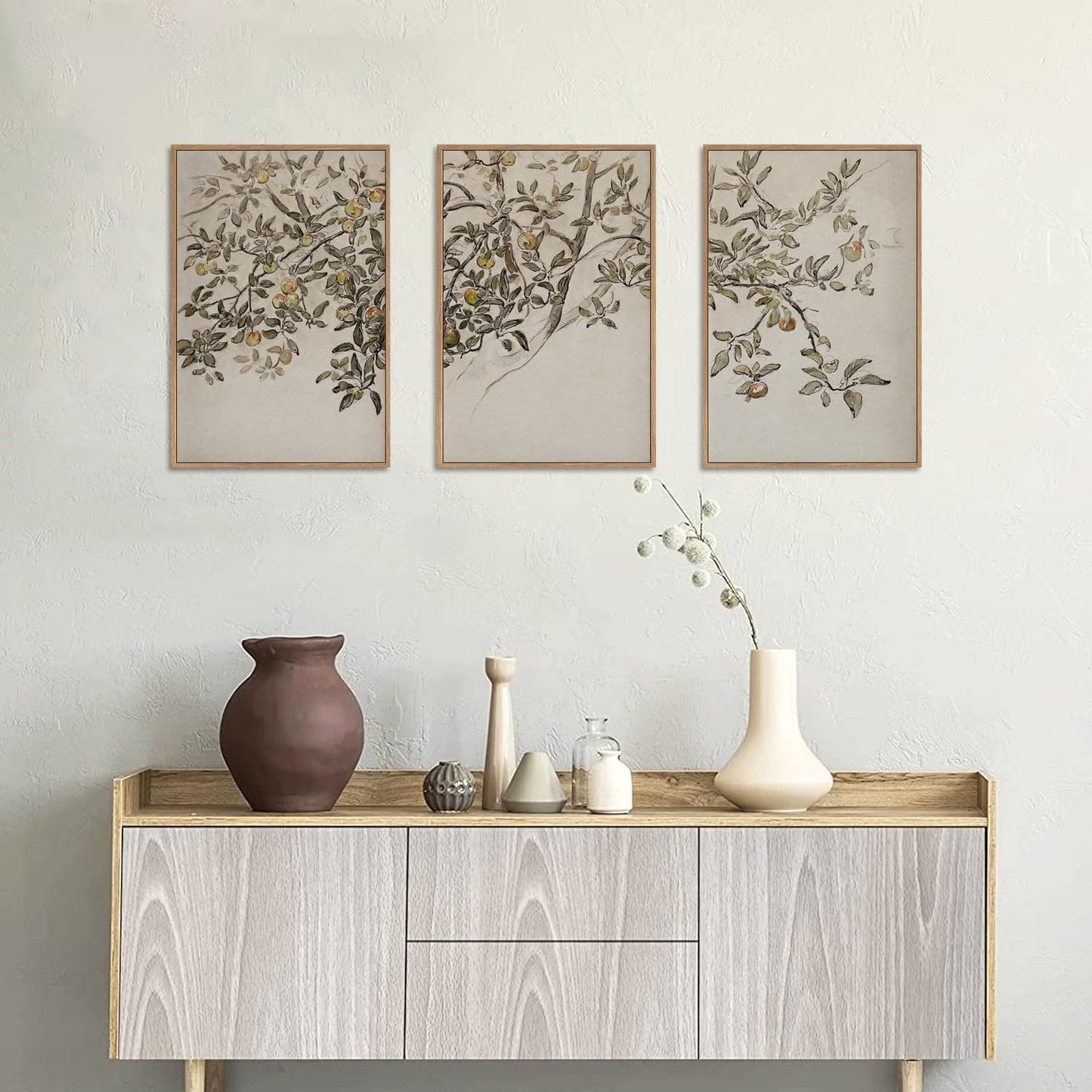 MTFBWY Framed Botanical Apple Tree Wall Art Set of 3, Vintage Nature Branch Canvas Prints, Rustic Farmhouse Plant Wall Art, Neutral Still Life Painting for Living Room Bedroom Office Decor 16L x 12W