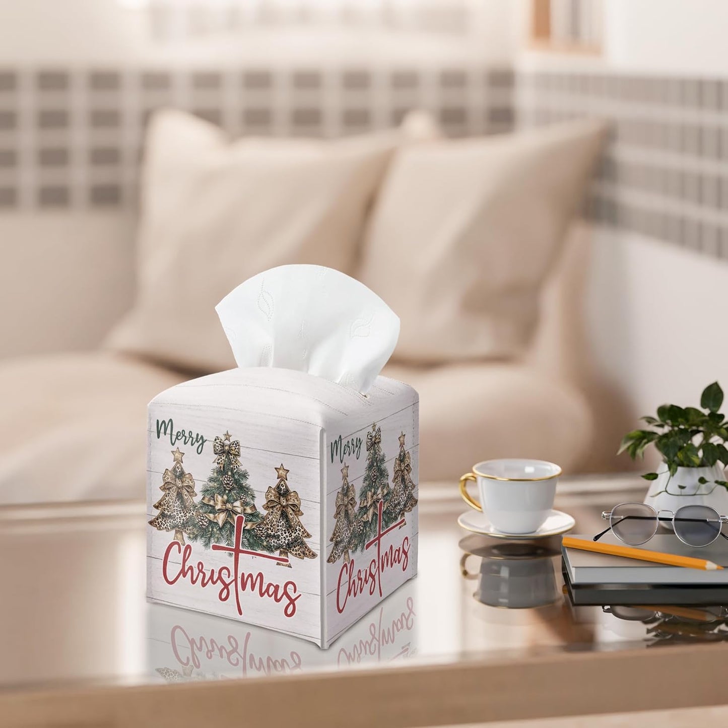 Leopard Print Christmas Tree Box Holder, Coquette Bow Sublimation Leather Tissue Box Cover Square, Paper Facial Decorative Tissues Cover for Night Stands Bathroom Office Home Decor-B29