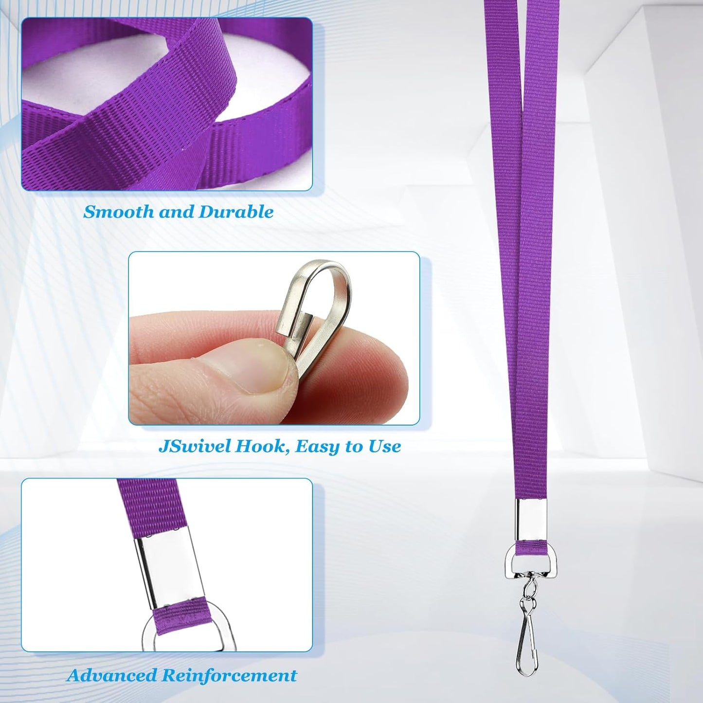 50 Pack Bulk Lanyard for ID Badge Holder Durable Flat Lanyard with Swivel Hook and Badge Clip (Purple)