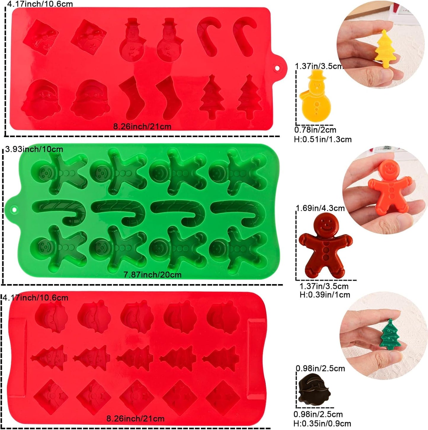 Christmas Silicone Molds Christmas Chocolate Molds Candy Molds for Baking Sweet Treats,Cake Xmas Gift Handmade Soap Candles with Shape of Christmas Tree, Santa Head Party Decoration Red,Green,Blu