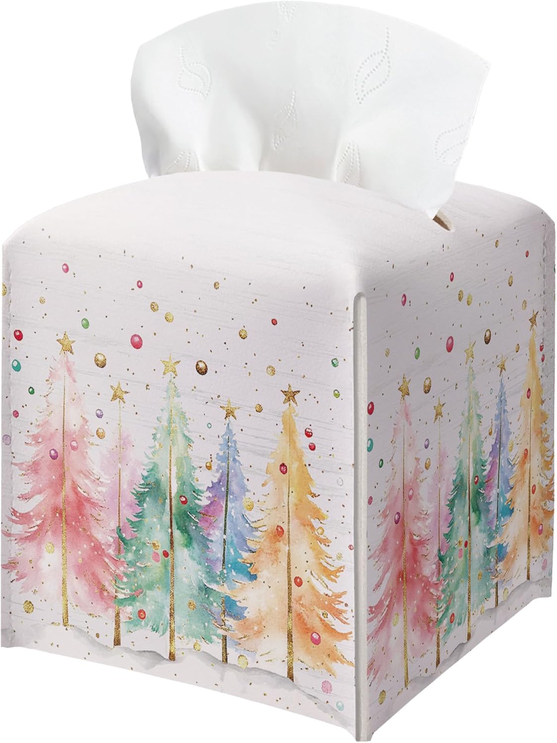 Women Tissue Box Holder, Colorful Christmas Tree Leather Tissue Box Cover Square, Paper Facial Decorative Tissues Cover for Night Stands Bathroom Kitchen Office Home Decor-B19