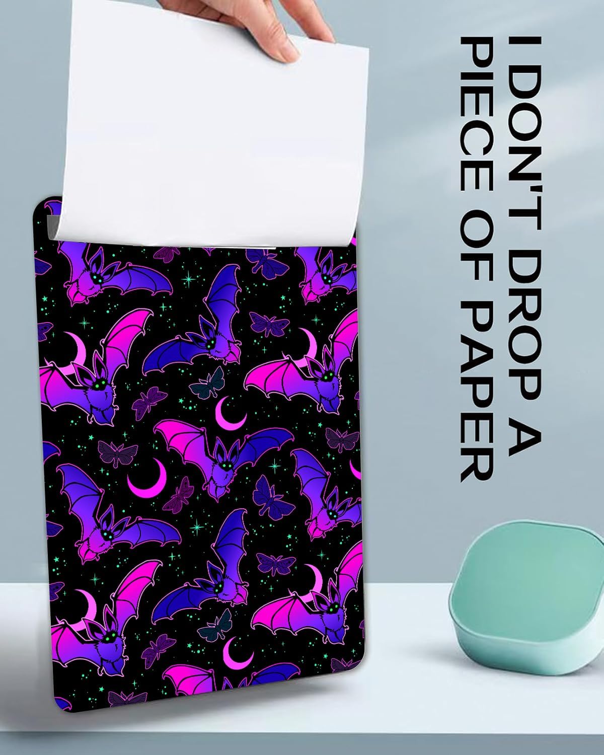 Fashion A4 Clipboard, Standard Letter Size 9" x 12.5", Decorative Wooden Clipboard with Low Profile Metal Clip for Office, School, Teachers, and Students, Purple Bat Gothic