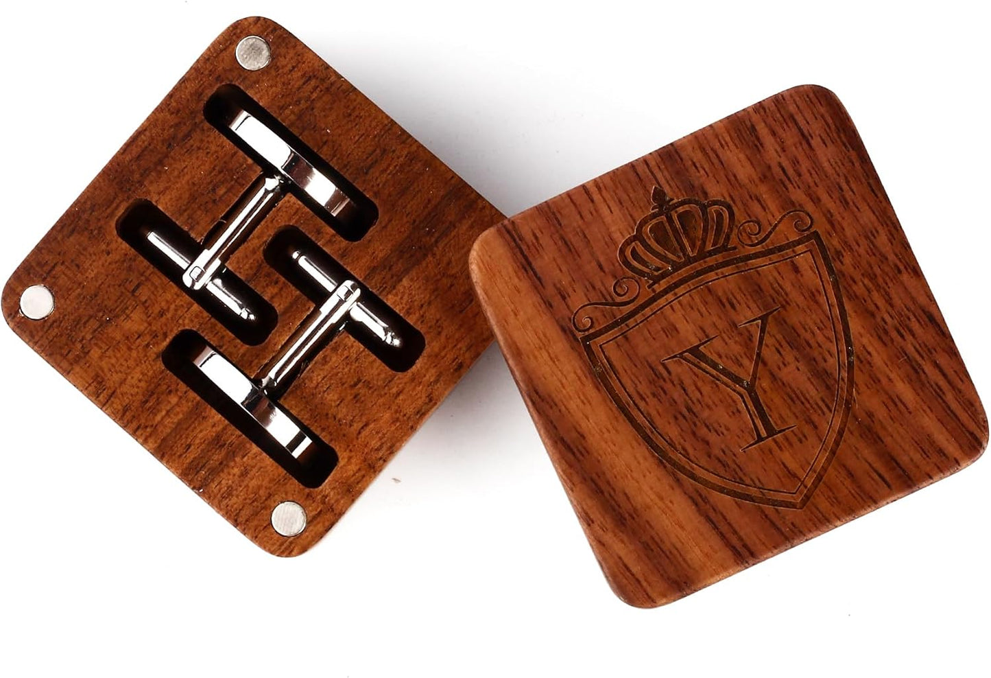 Mens Initial Silver Cufflinks A-Z Alphabet Letter Steel Cuff Links with Engraved Walnut Wood Box Groom Groomsman Wedding Set…