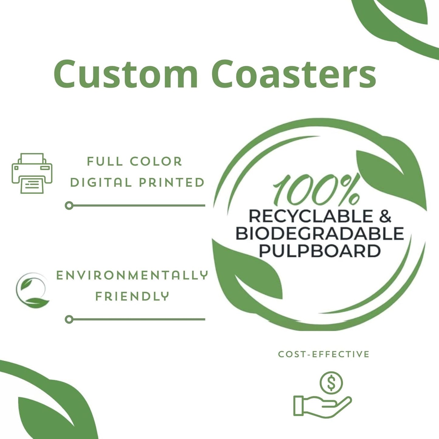 B.E. Green Custom Coasters - Pulpboard Personalized Coasters for Drinks - Full Color Print - Reusable & Absorbent - Beverage Coaster - Promo Events & Celebrations - Pack of 50-4" Round Full Coverage