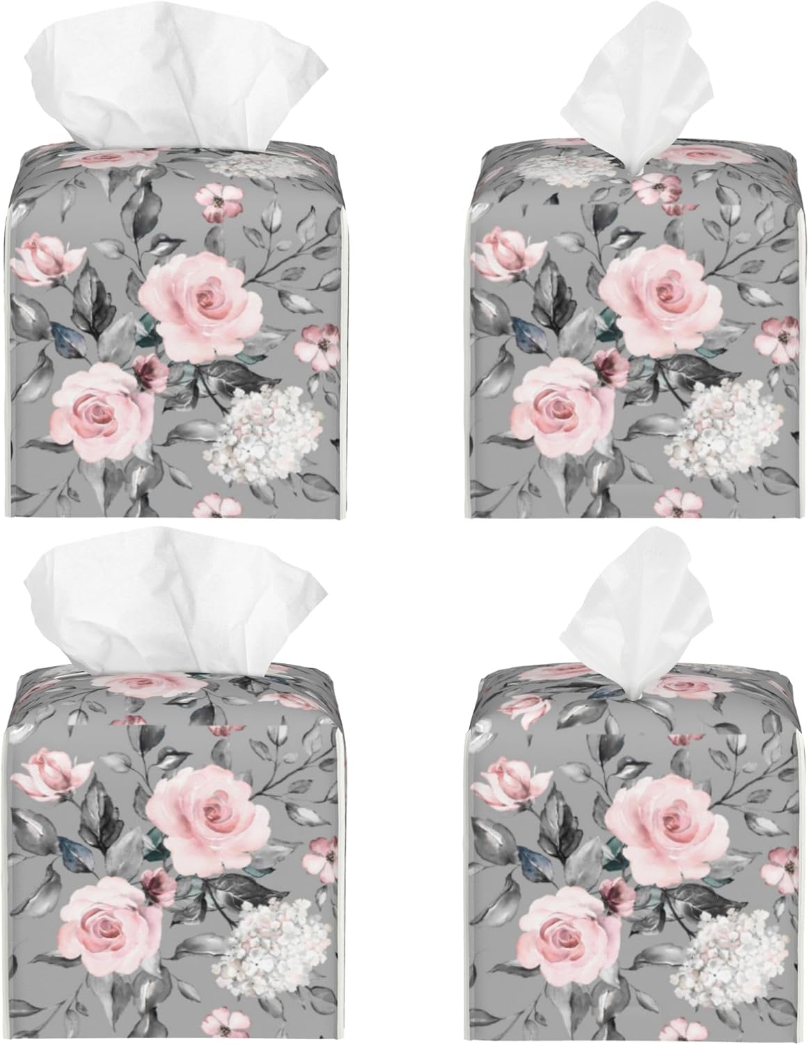 Pink Rose Flowers Tissue Box Cover Square,Colorful Spring Floral Tissue Box Holder Waterproof Leather Facial Paper Organizer Dispenser for Bathroom Home Car Nightstand Vanity Desk