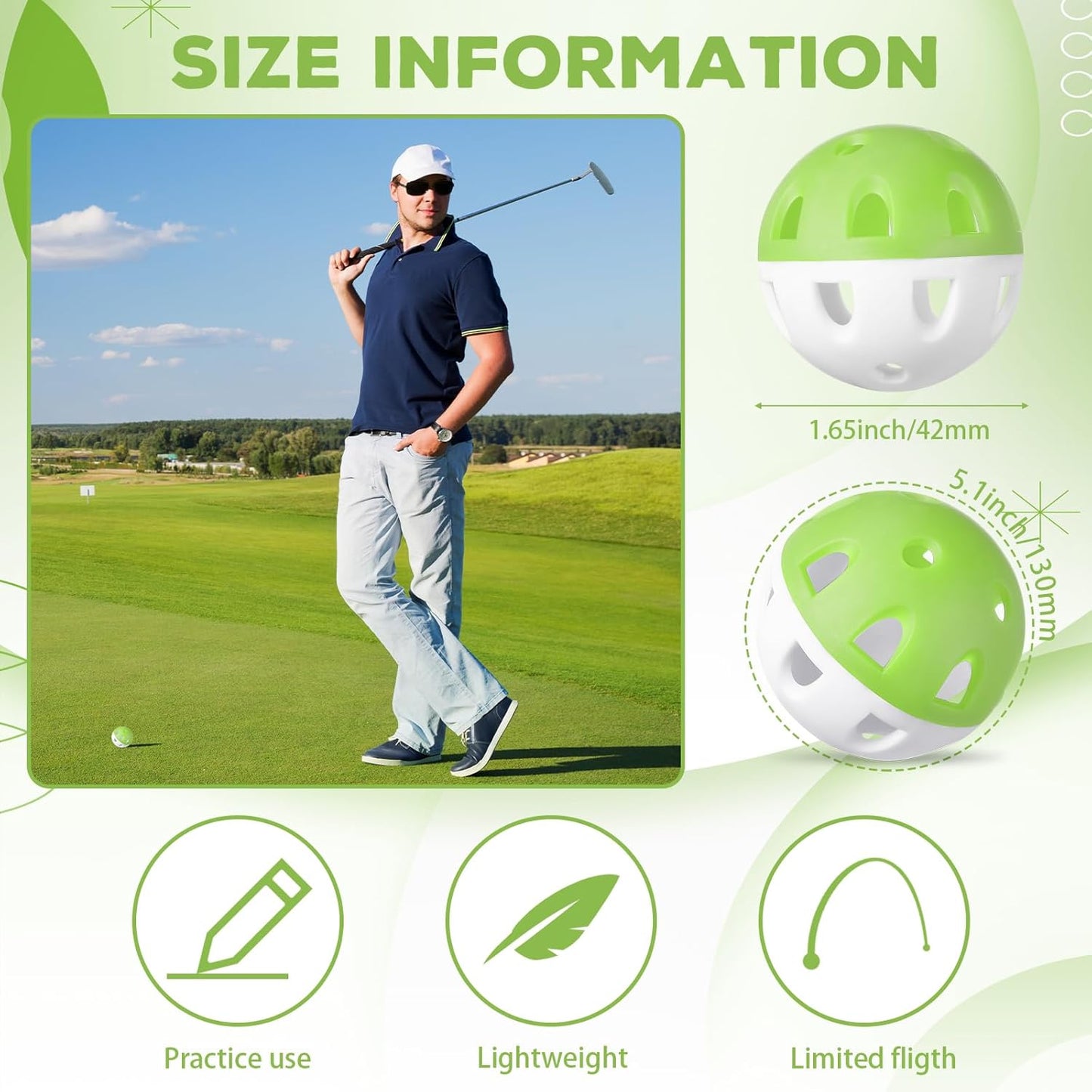 Junkin 50 Pack Practice Golf Balls Limited Flight Plastic Impact Golf Balls 1.65 Inch Hollow Soft Training Resistant EVA Foam Realistic Feel for Indoor Outdoor Swing Training