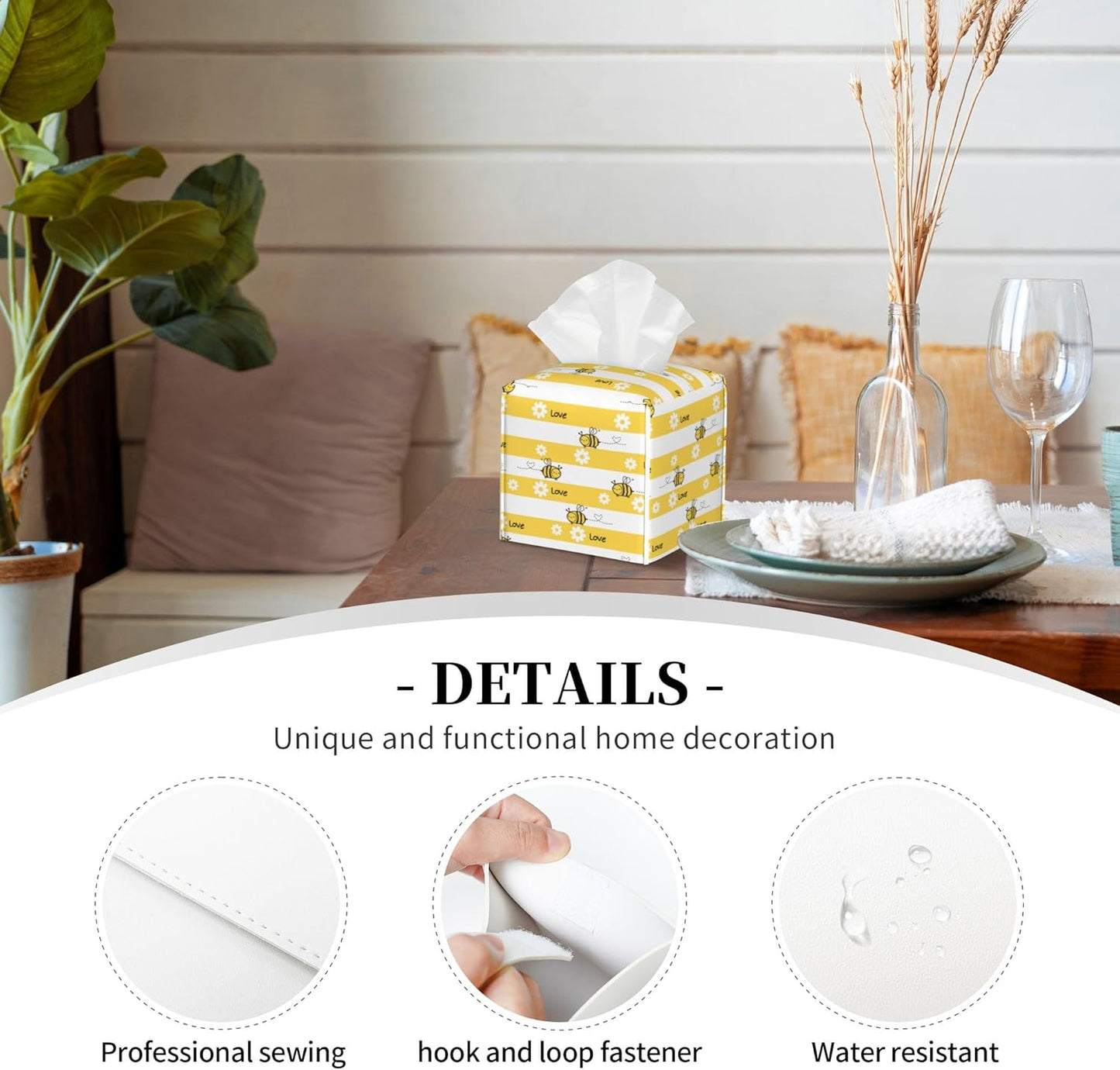 Cute Bees and Daisy Flowers Tissue Box Cover Square,Yellow Bee Daisies Love Tissue Box Holder Waterproof Leather Facial Paper Organizer Dispenser for Bathroom Home Car Nightstand Vanity Desk