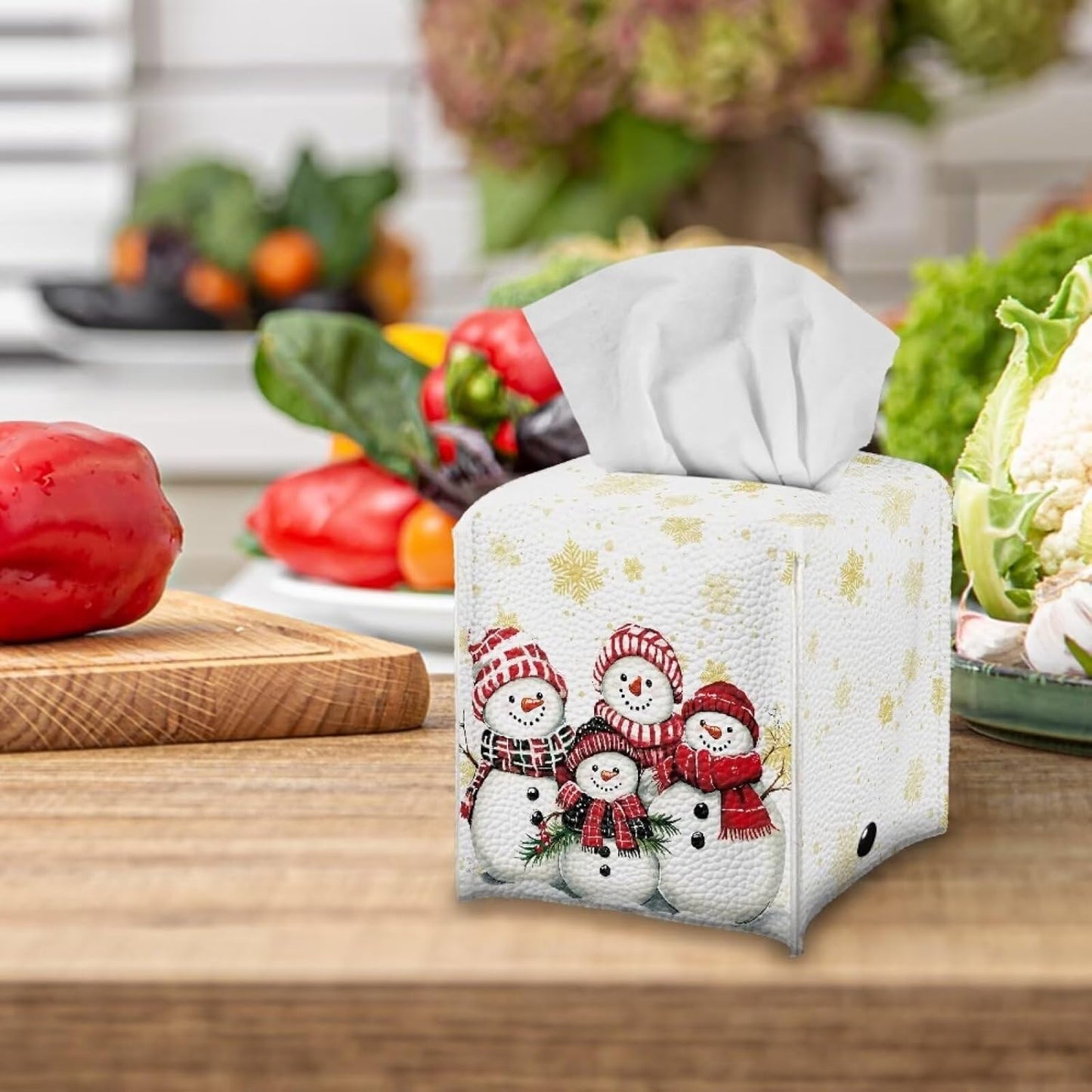 Cute Snowman Leather Tissue Box Cover Christmas Decor Tissue Box Cover Square 5x5x5 Home Decorative Tissue Boxes for Living Room Bedroom Bathroom