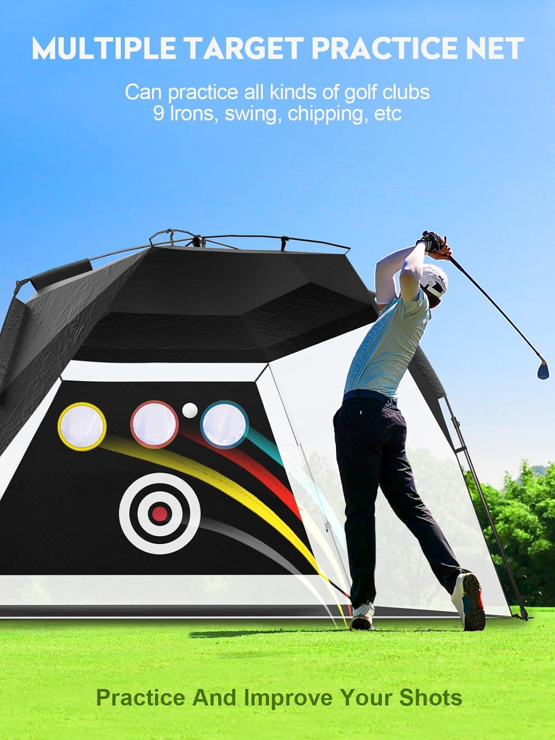 Easy POP UP Golf Net 10x7FT: No-Assembly Golf Hitting Net with Tri-Turf Mat - in Home Golf Practice Nets for Backyard Driving Chipping Swing Training with Travel Bag - Gifts for Men Teenagers Golfers