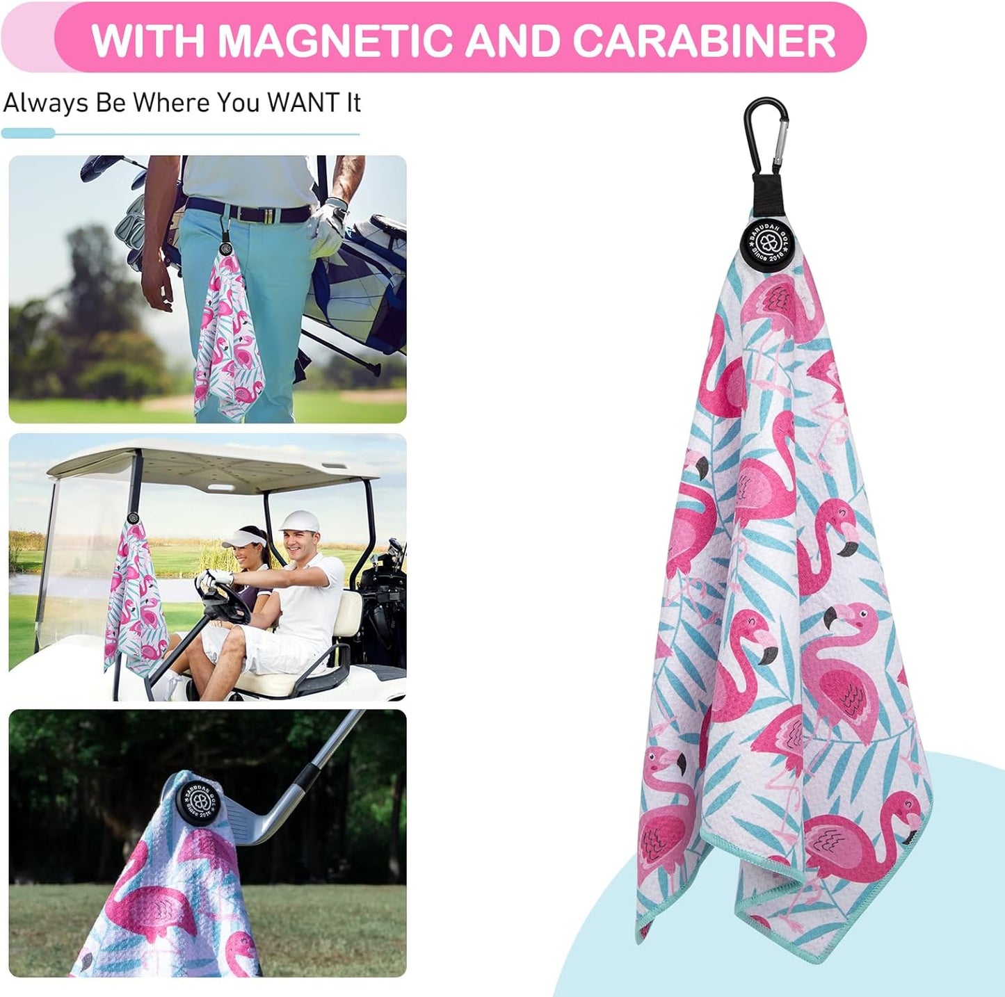 Magnetic Golf Towel for Men Women Golfer - Microfiber Golf Towel Magnet with Waffle Texture - Strengthen Magnet Golf Towels for Strong Hold to Metal Objects (4.Flamingo)