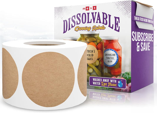 MESS Dissolvable Canning Labels – 200 Kraft 2" Removable Mason Jar Stickers for Jars, Containers, Homemade Jam, and Food Storage