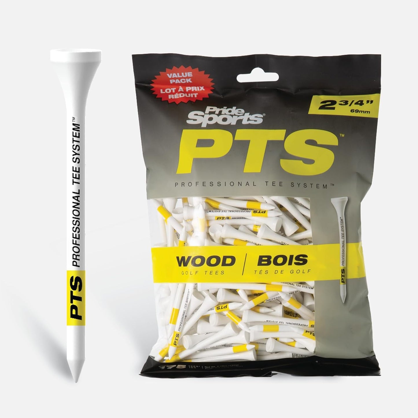 PrideSports PTS Wood Golf Tees | 175 Count, 2-3/4 Inch | #1 Wood Tee on Tour | Best for Drivers & Woods