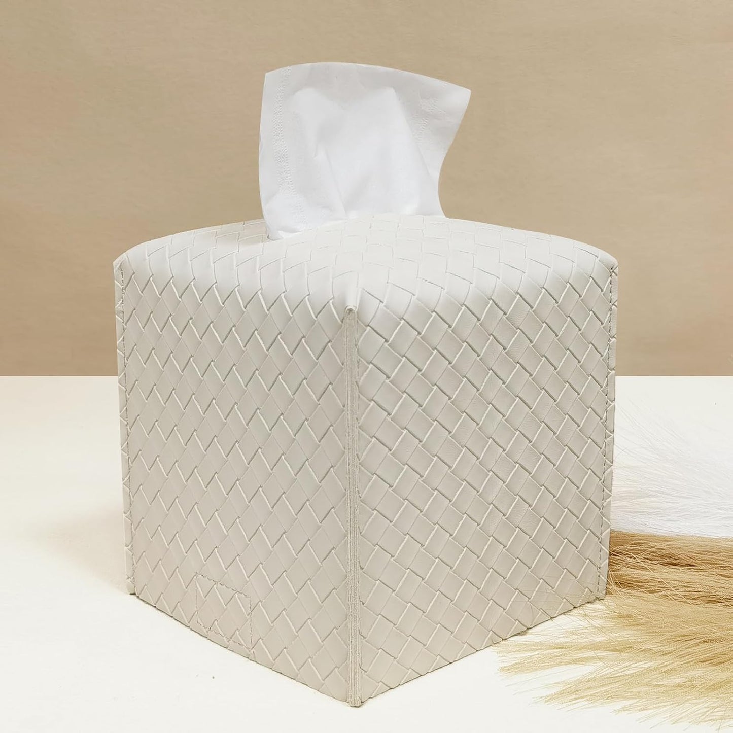 HOMOTEK 2 Pack Tissue Box Cover,PU Leather Tissue Holder,Square Decorative Facial Tissue Cube Paper Organizer Dispenser for Bathroom, Night Stands, Desk, Car 5X5X5'' - Woven Waffle, Ivory