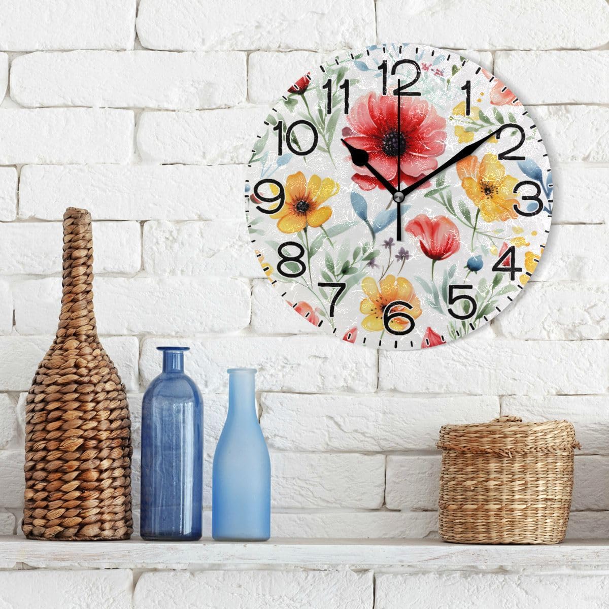 Spring Red Yellow Flowers Leaves Wall Clock Battery Operated Non Ticking Silent Quartz Analog Rustic Farmhouse Round Clock Retro Decor for Home Kitchen Living Room Bathroom