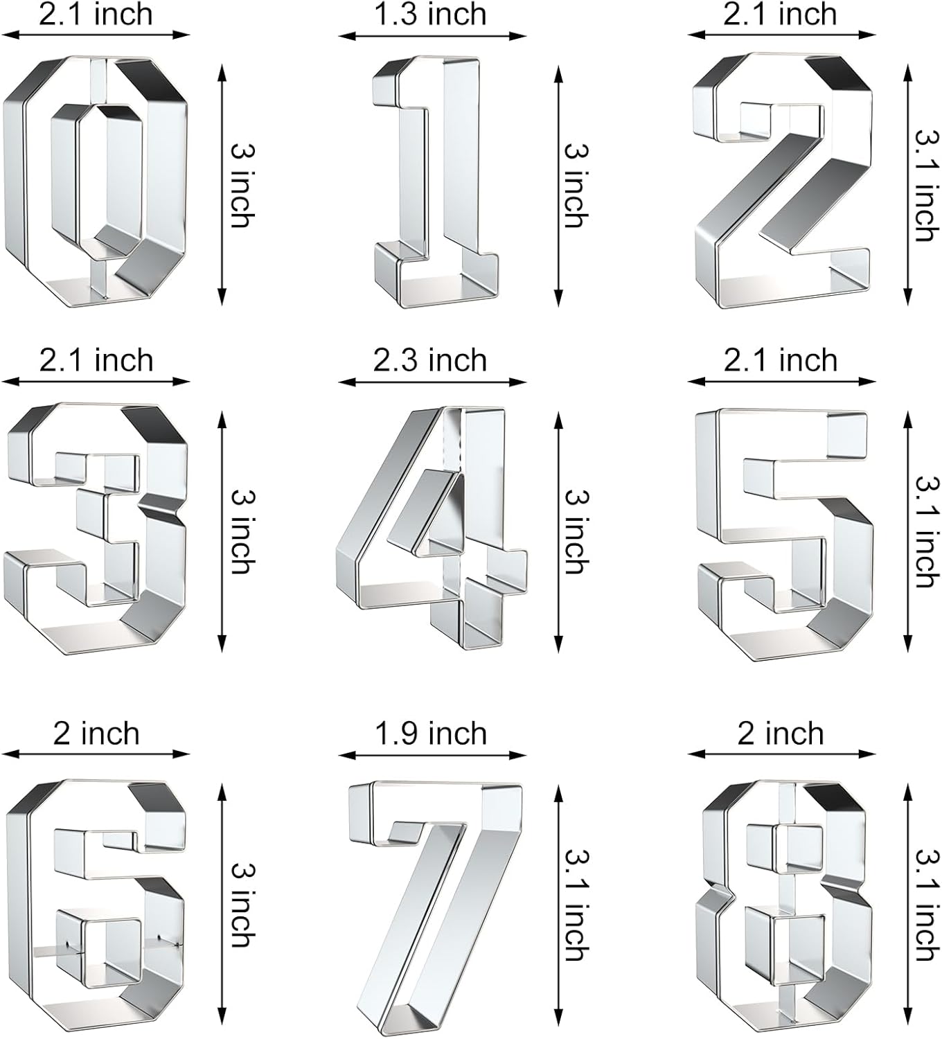 Number Cookie Cutter Set 3 Inch - 9 Piece Large Numbers #0#1#2#3#4#5#6 (#9) #7#8 Shapes Biscuit Fondant Baking Mold - Stainless Steel