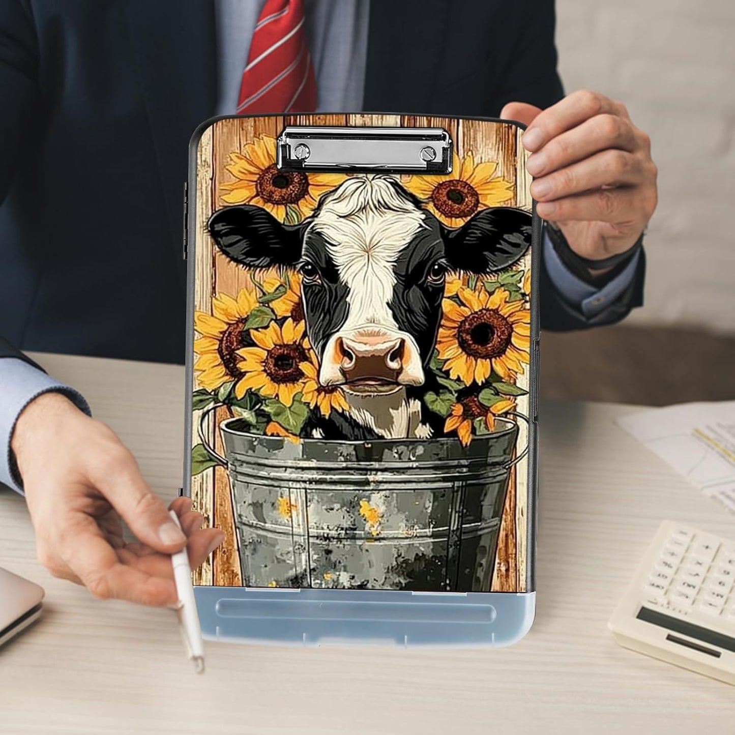 Clipboard with Storage - Large Capacity,Nursing Clipboard with Pen Holder,Heavy Duty,Plastic Side-Opening Folder for Teacher,Nurse - Cow Sunflower