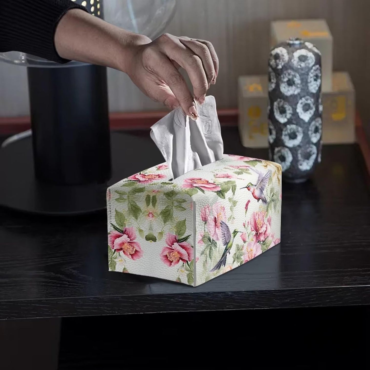Leather Tissue Box Cover Floral Hummingbird PU Leather Tissue Cover Decorative Organizer Portable for Travel Tissue Box with Bottom Belt for Tabletop，Countertop，Night Stands