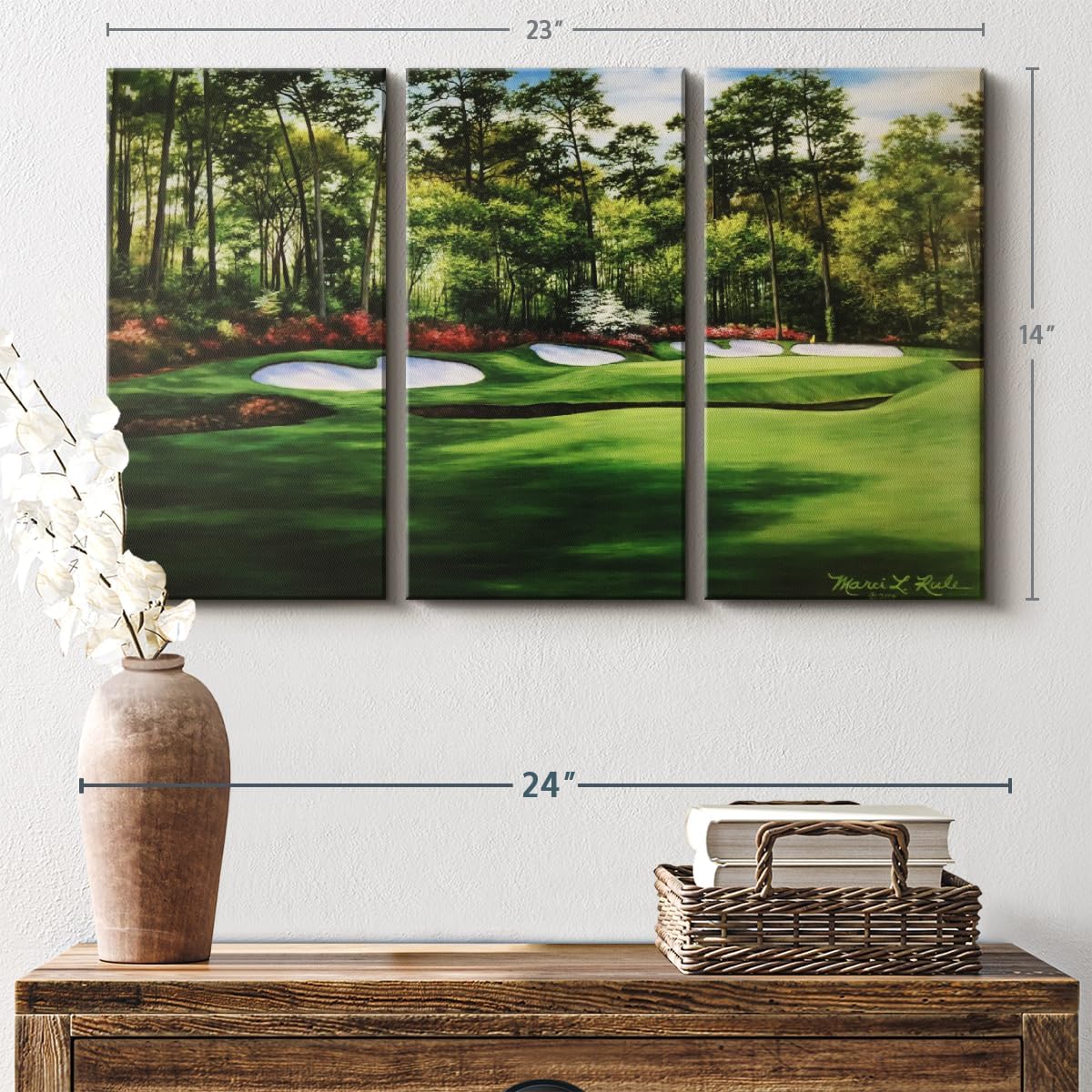 ElephantStock Augusta National 13th Hole I Wall Art - Horizontal Canvas - 3-Piece Living Room Wall Decor - Painting Sports Canvas Print - Green and Red Decor for Wall by Marci Rule - 23" X 14"