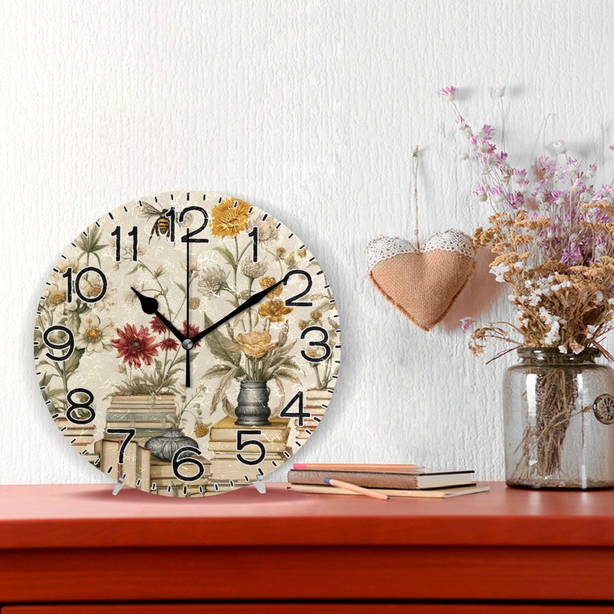 Vintage Yellow Books Flowers Bees Wall Clock Battery Operated Non Ticking Silent Quartz Analog Rustic Farmhouse Round Clock Retro Decor for Home Kitchen Living Room Bathroom