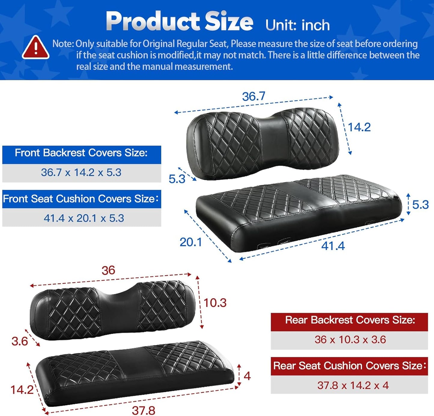 NOKINS 4PCS Golf Cart Seat Covers Kit, Front and Rear Seat Covers Fits YAMAHA/G29/Drive2 Standard Seat Cushion, Yamaha Vinyl Diamond Replacement Seat Covers, No Stapler(Black&Black Stitch)