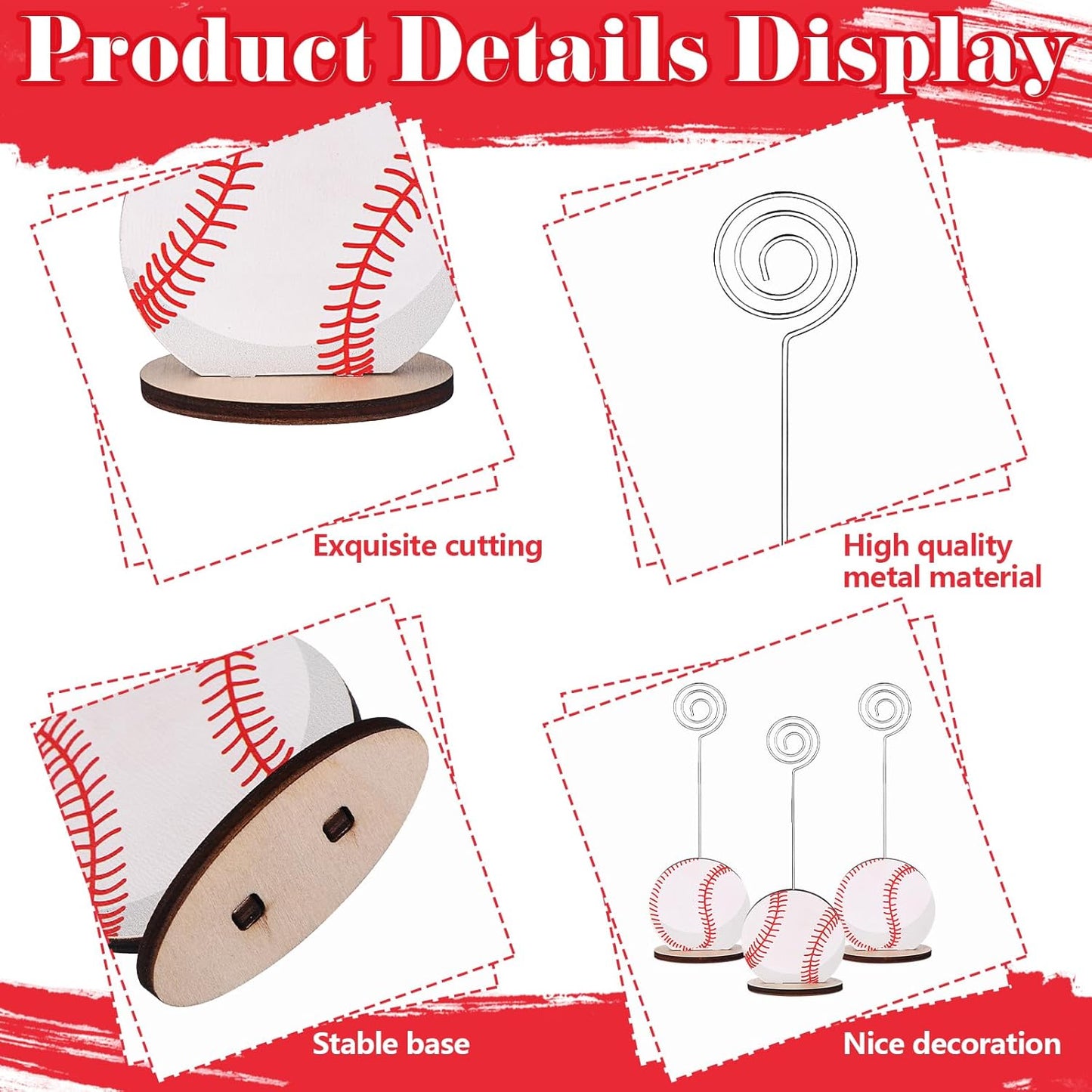 24 Pcs Sports Ball Base Memo Clips Baseball Shaped Metal Wire Table Number Holders Baseball Card Holder Round Place Card Stands for Picture Note Card Menu Wedding Party Office
