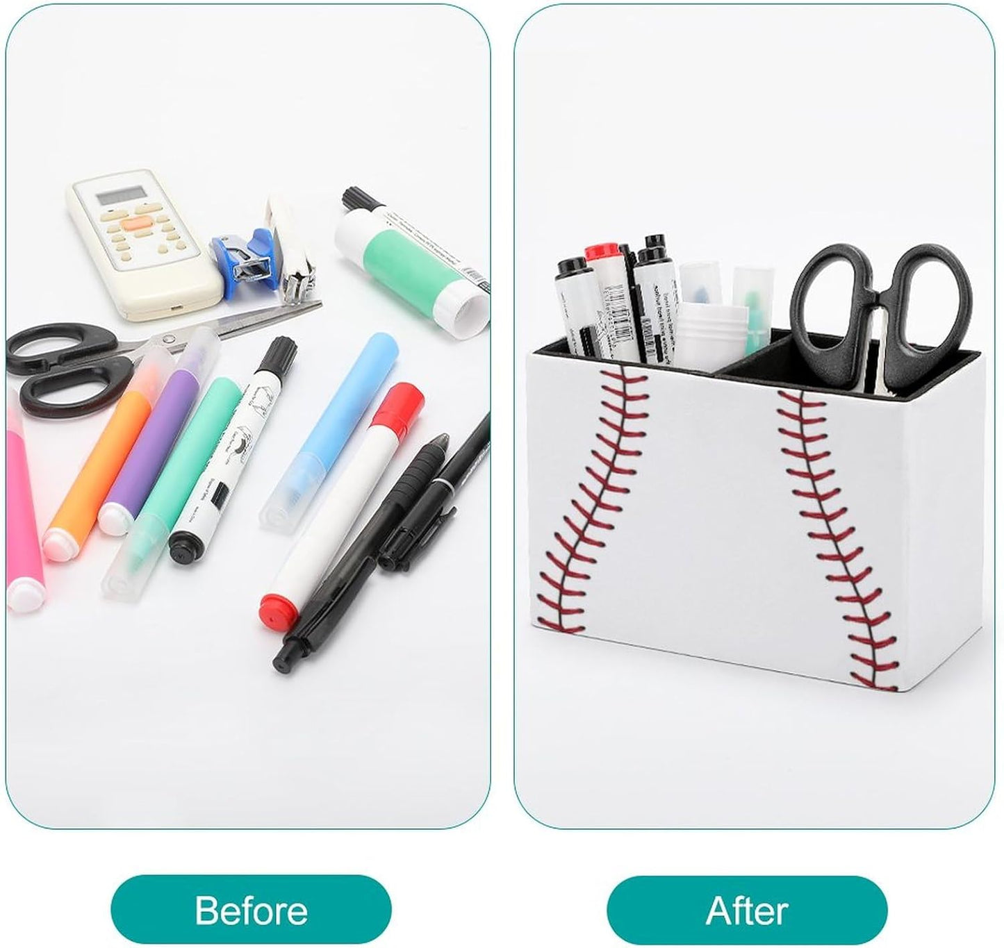 Pen Holder, Pencil Holder for Desk Organizer, Baseball Lace Sport Ball PU Leather Pencil Cups Desktop Stationery Storage Makeup Brush Holder Pen Organizer for Office Home