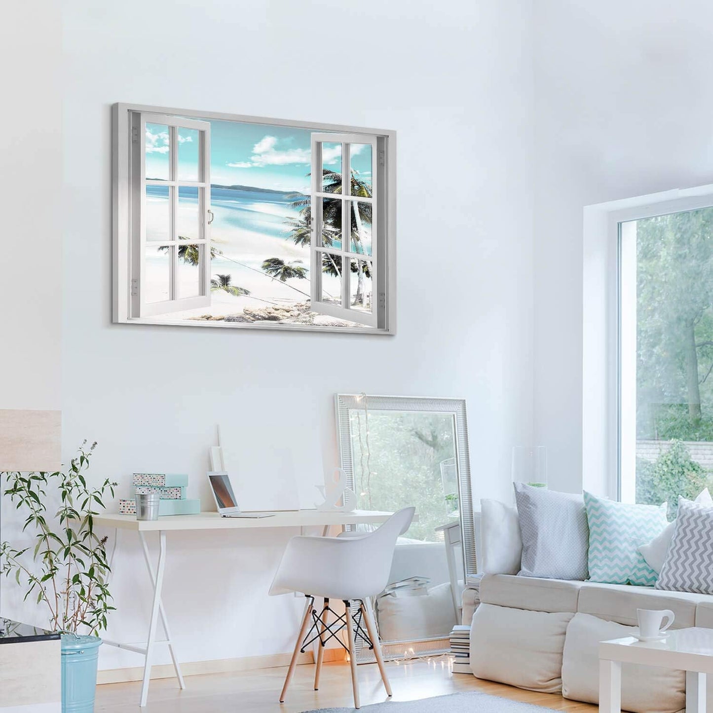 Canvas Windows Picture Wall Art: Beach with Light Blue Coastal Palm Graphic Artwork Print on Canvas Artwork for Living Room (45” x 30” x 1 Panel)