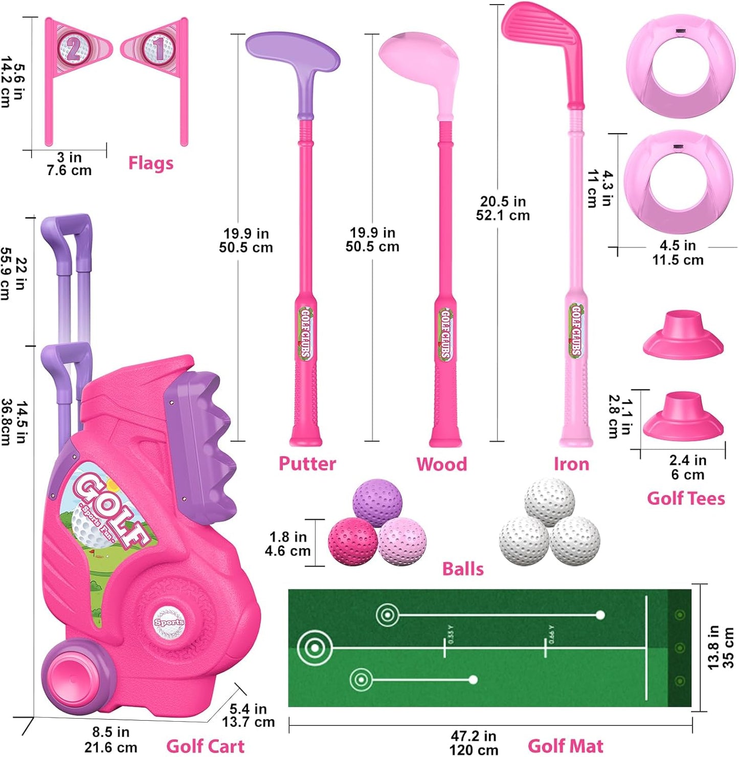 Liberry Toddler Golf Set for 2 3 4 Years Old Girls Boys, Upgraded Kids Golf Clubs Set with Golf Cart, Putting Mat, Outdoor Indoor Sports Toy Birthday, Pink