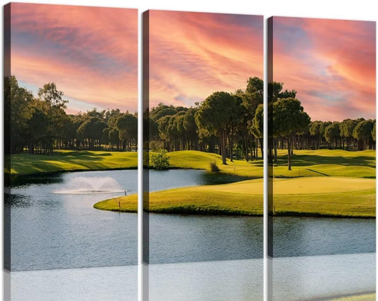 Sunset Golf Course Canvas Wall Art for Living Room Bedroom Bathroom Home Decorations Golf Wall Decor for Office Framed Artwork Canvas Prints Ready to Hang(12''W x 24''H x3)