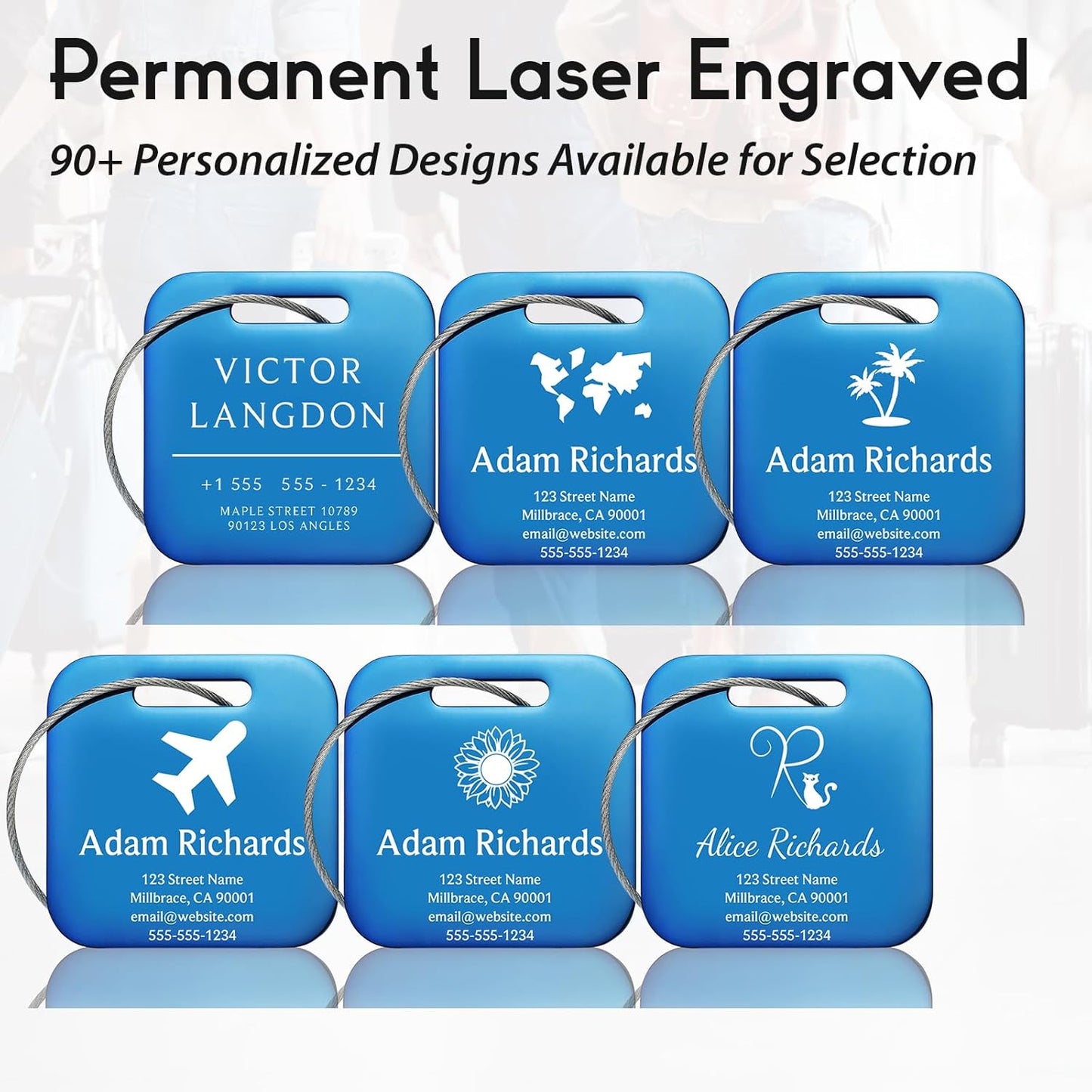 Customized Stainless Steel Luggage Tags: Personalize Your Suitcases, Backpacks, and Bags with Your Text (Blue)