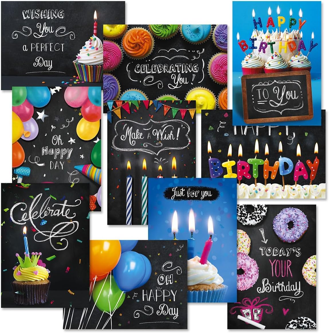 Current Blackboard Happy Birthday Greeting Card Set - Value Pack of 20 Cards With White Envelopes, 10 Designs, Large 5" x 7" Assortment
